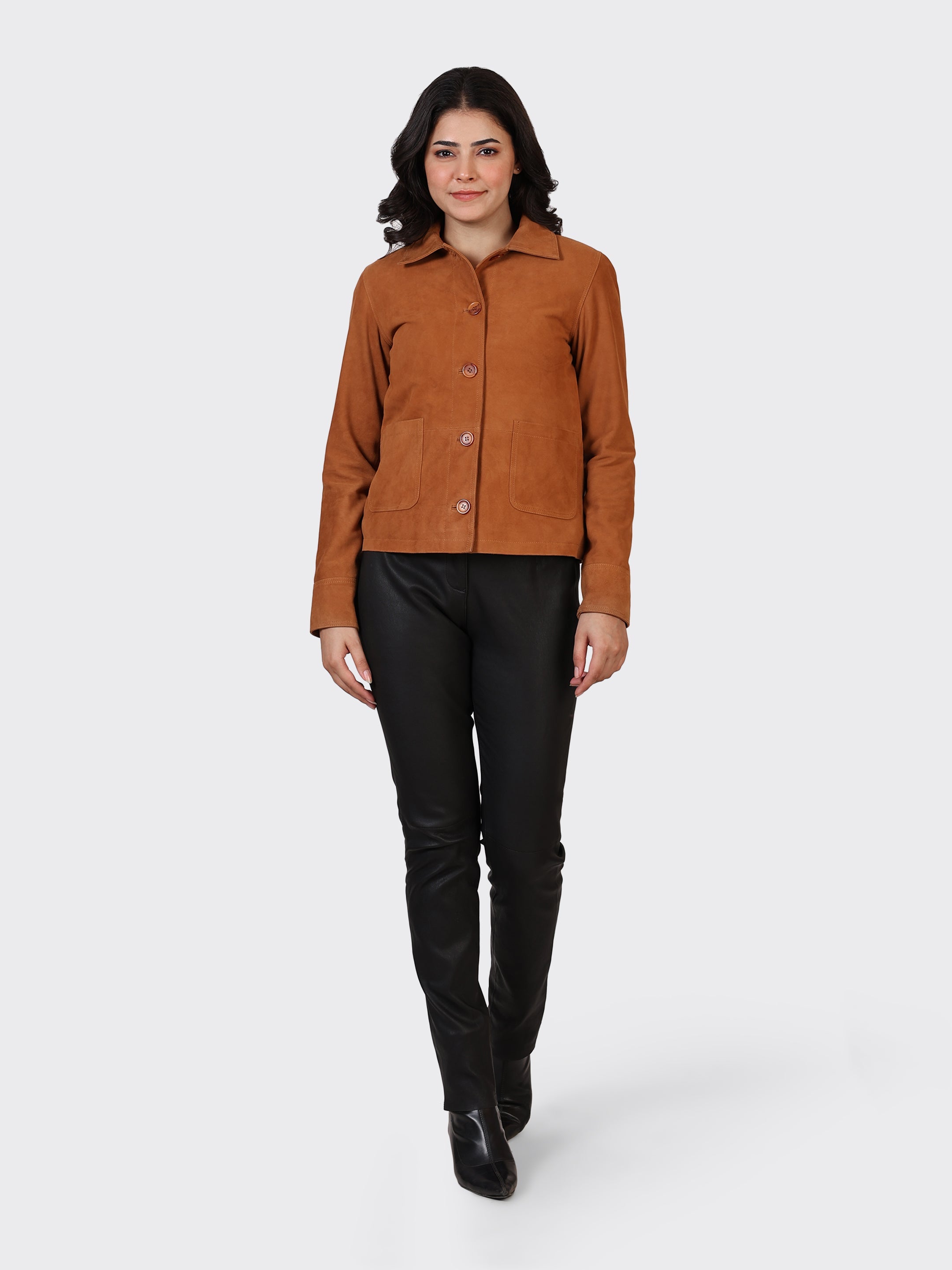 LADIES SUEDE LEATHER JACKET-COGNAC