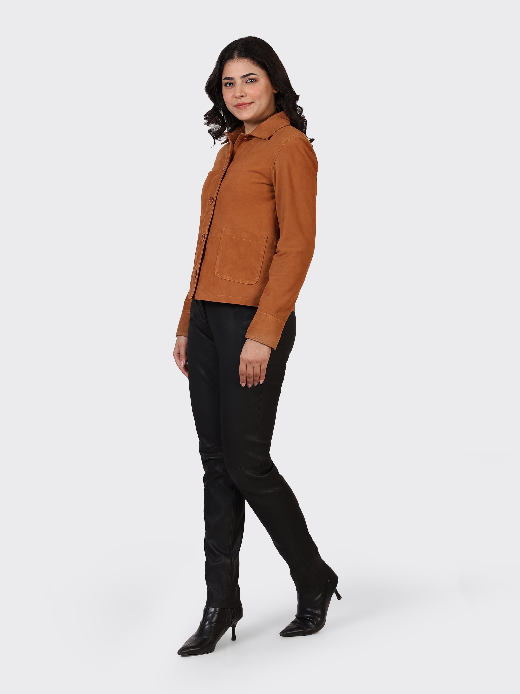 LADIES SUEDE LEATHER JACKET-COGNAC