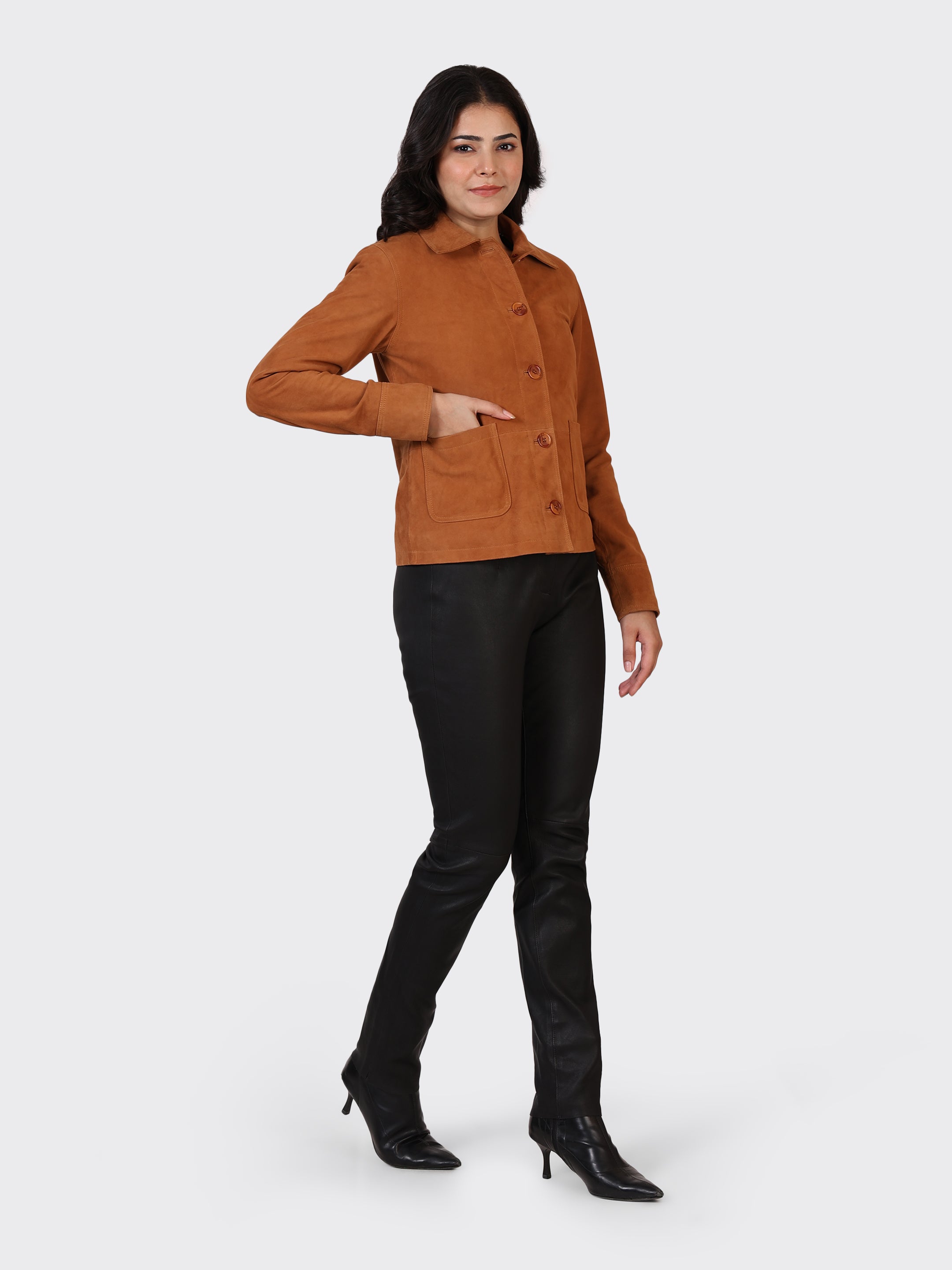 LADIES SUEDE LEATHER JACKET-COGNAC