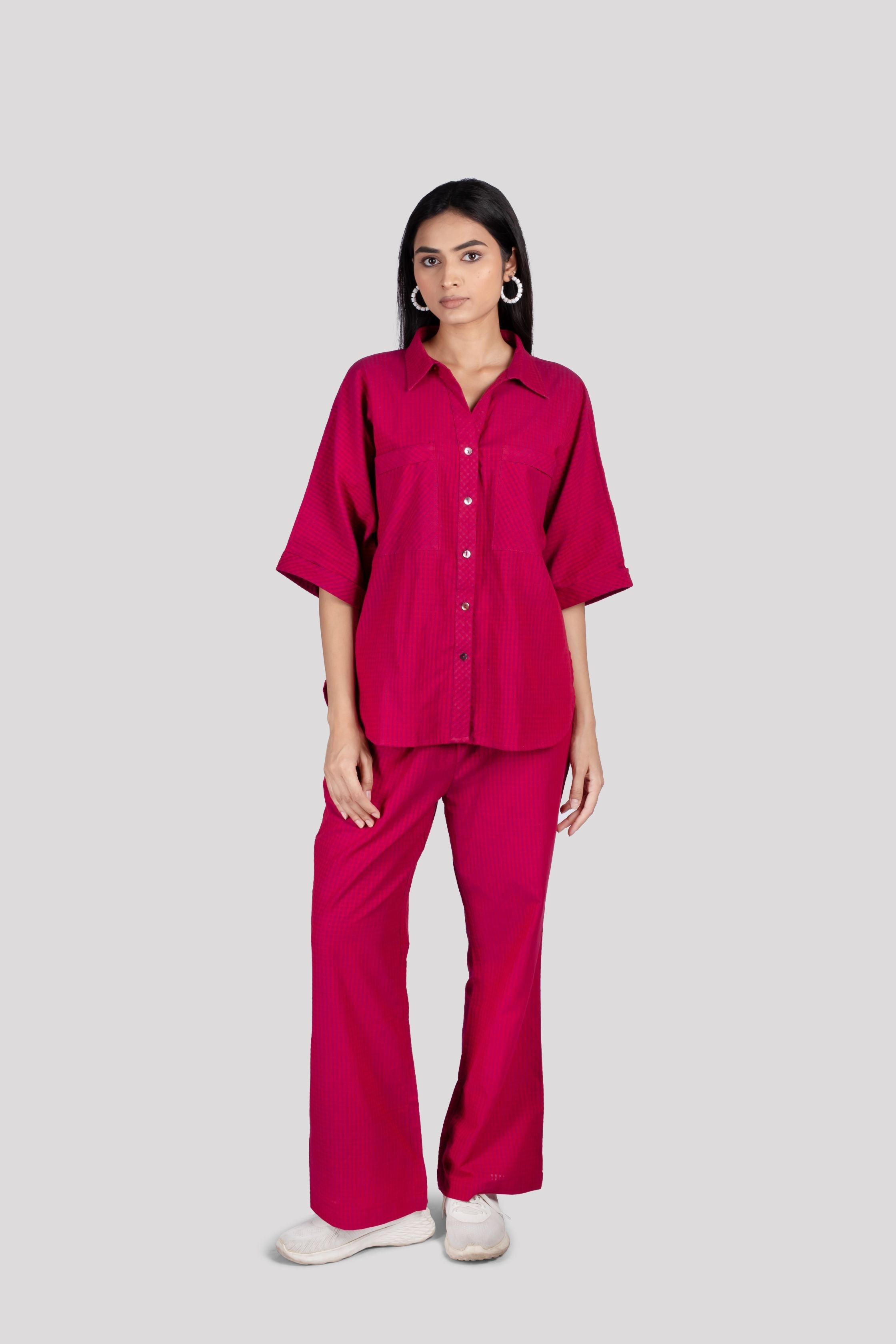 Cotton Check Collared Chest Pockets COORD Set - Wine