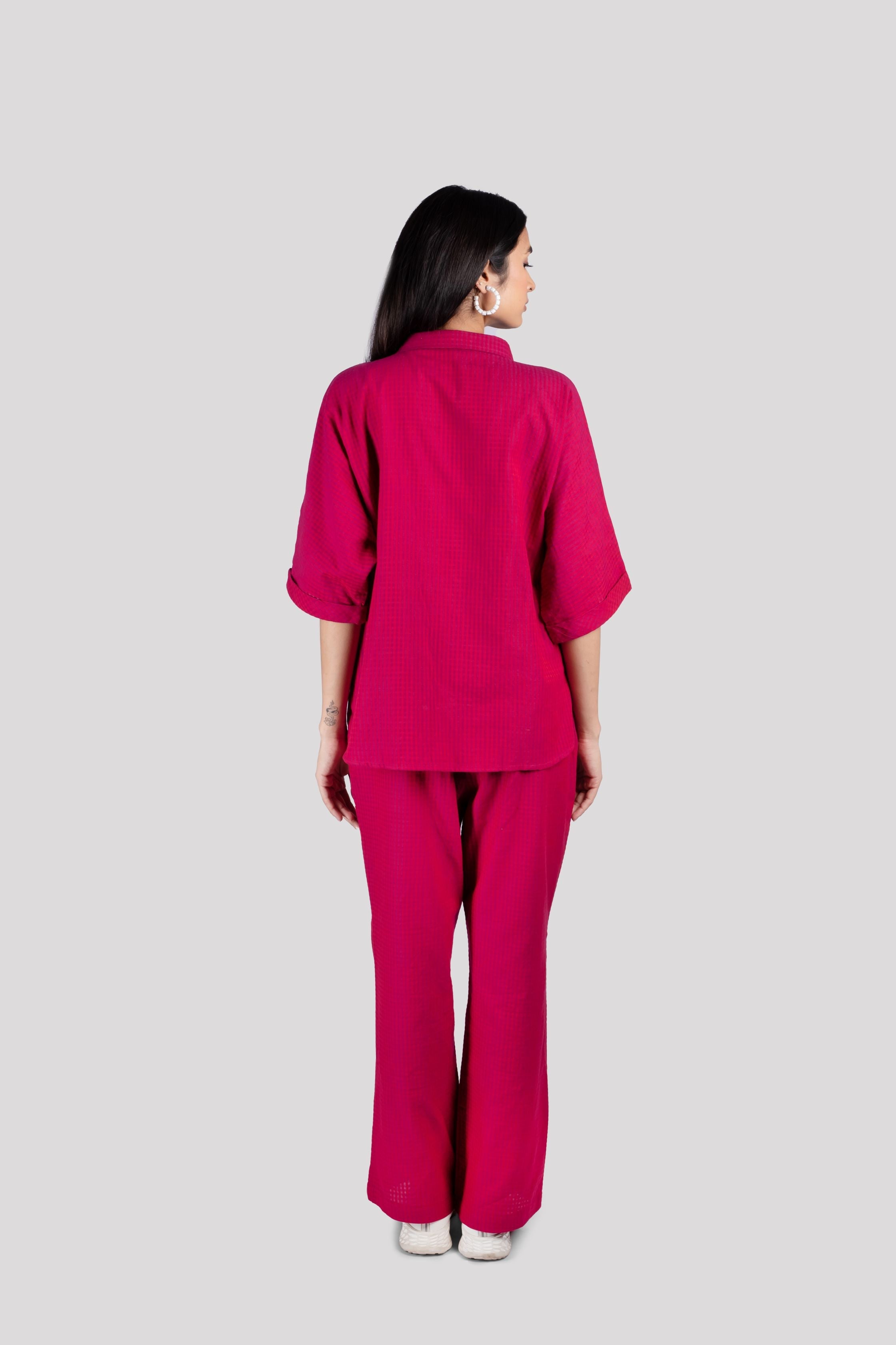 Cotton Check Collared Chest Pockets COORD Set - Wine