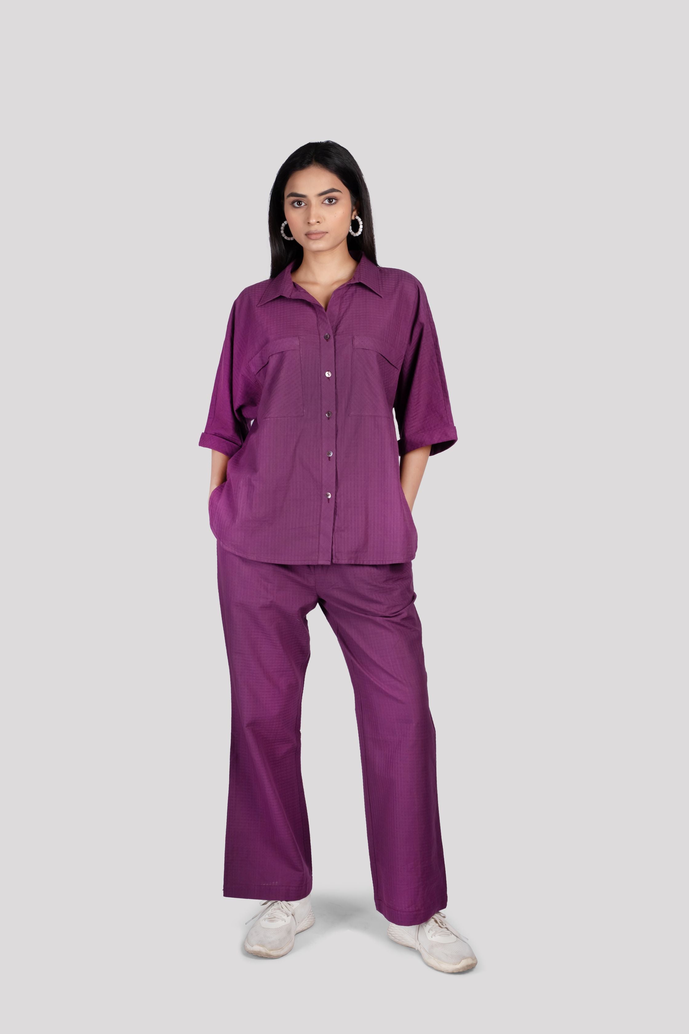 Cotton Check Collared Chest Pockets COORD Set - Purple