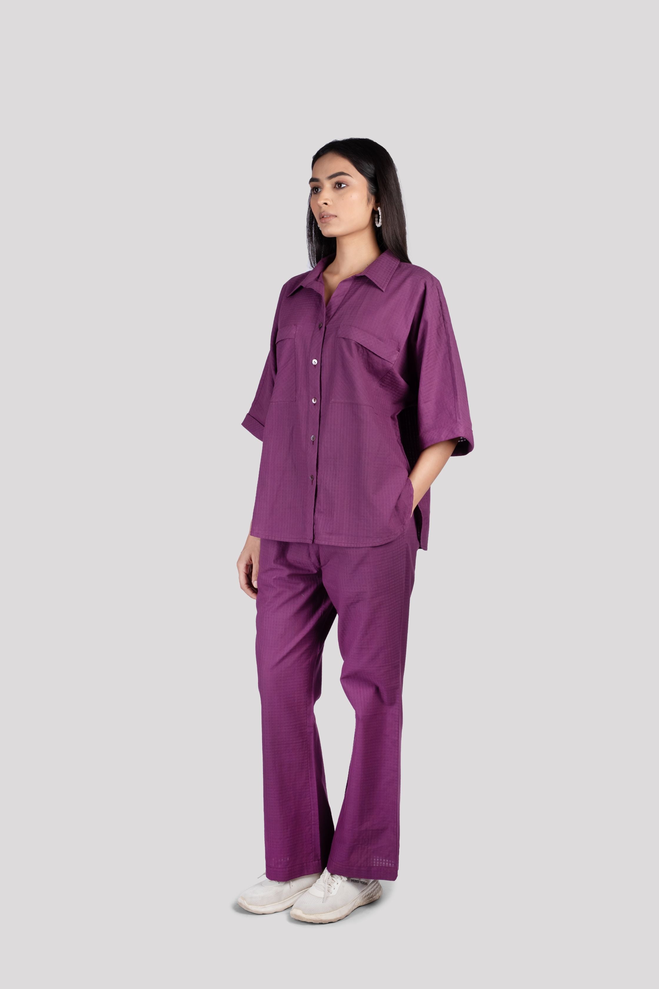 Cotton Check Collared Chest Pockets COORD Set - Purple
