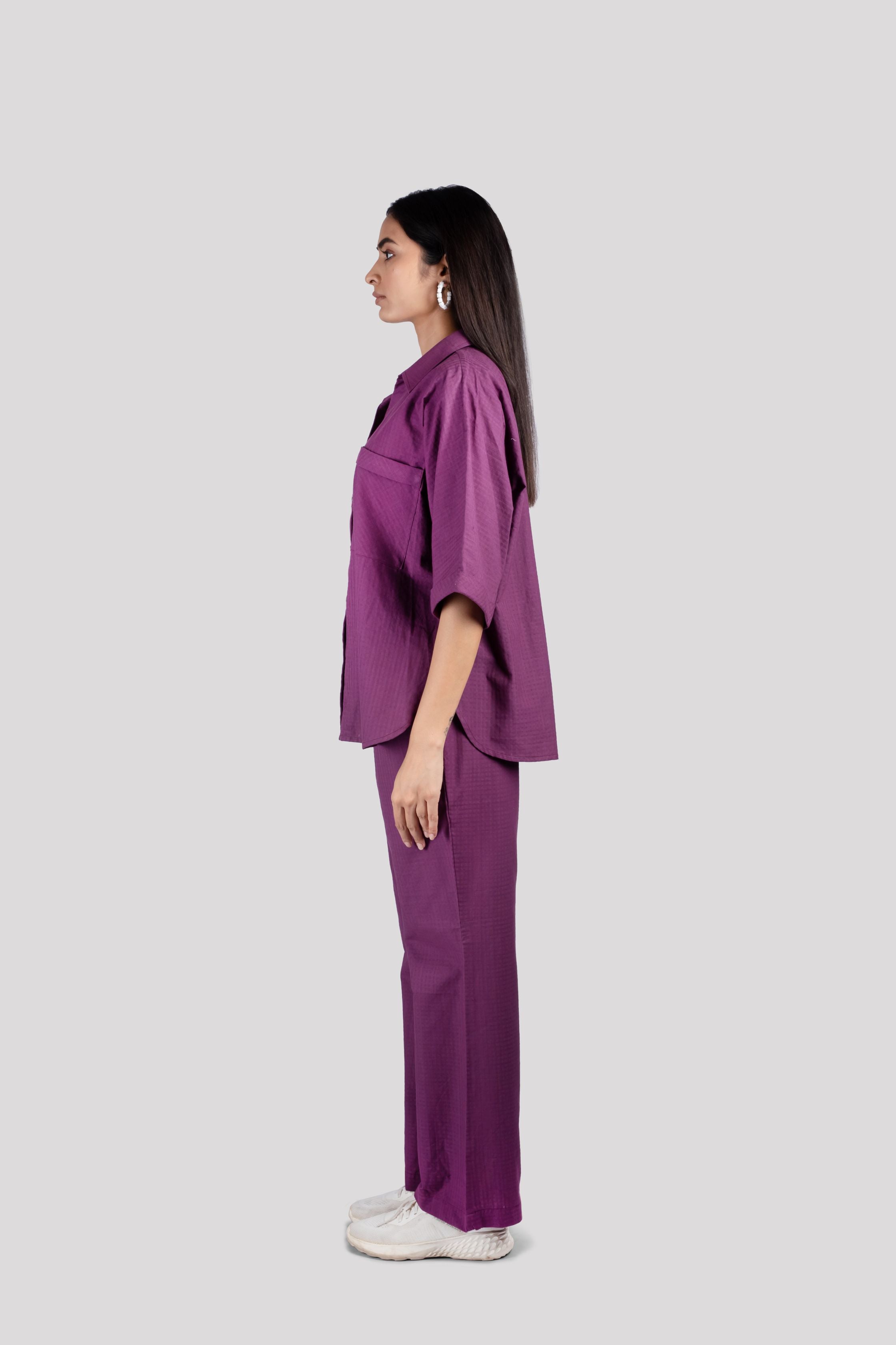 Cotton Check Collared Chest Pockets COORD Set - Purple