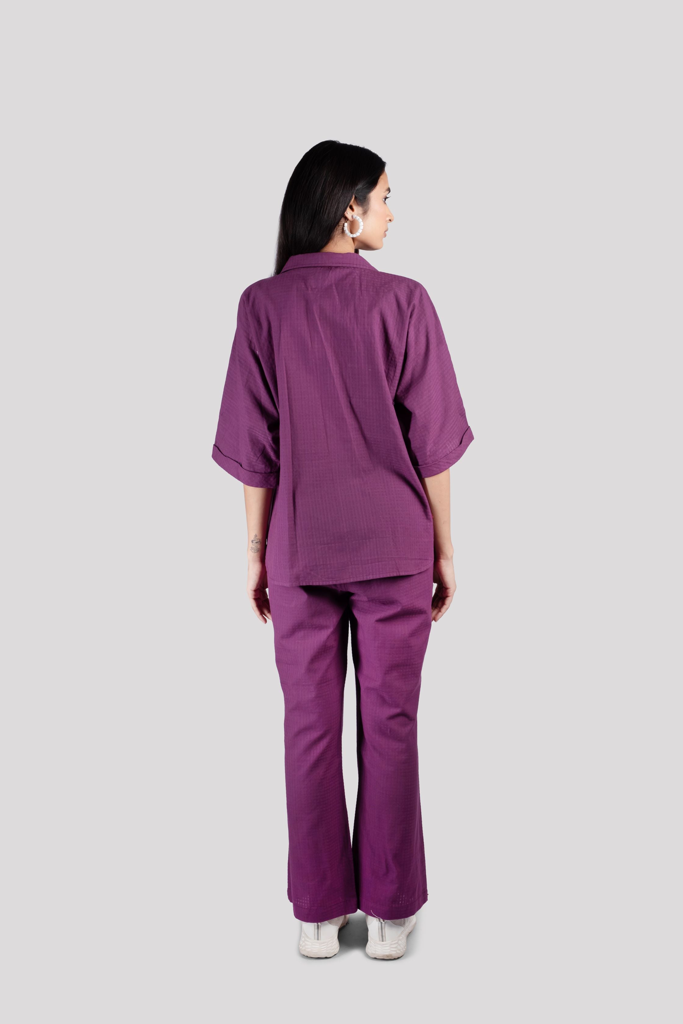 Cotton Check Collared Chest Pockets COORD Set - Purple