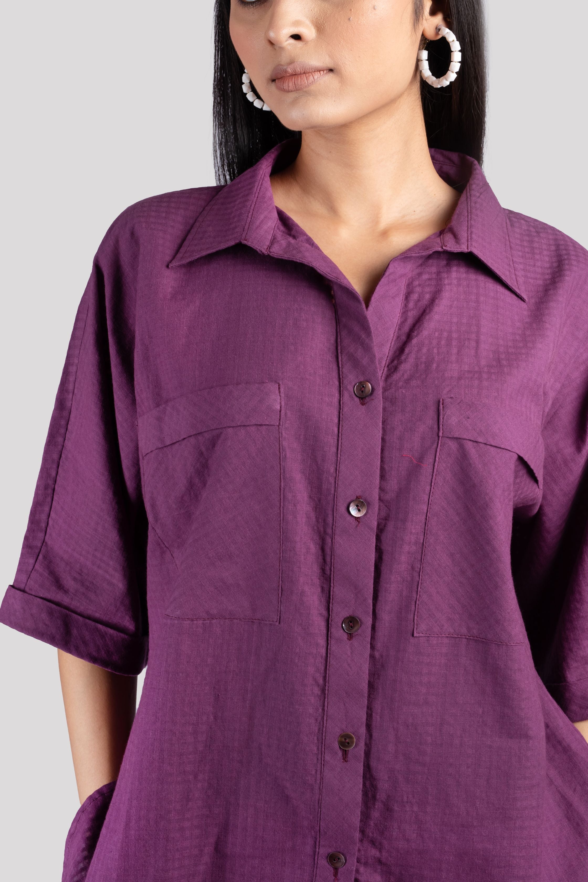 Cotton Check Collared Chest Pockets COORD Set - Purple