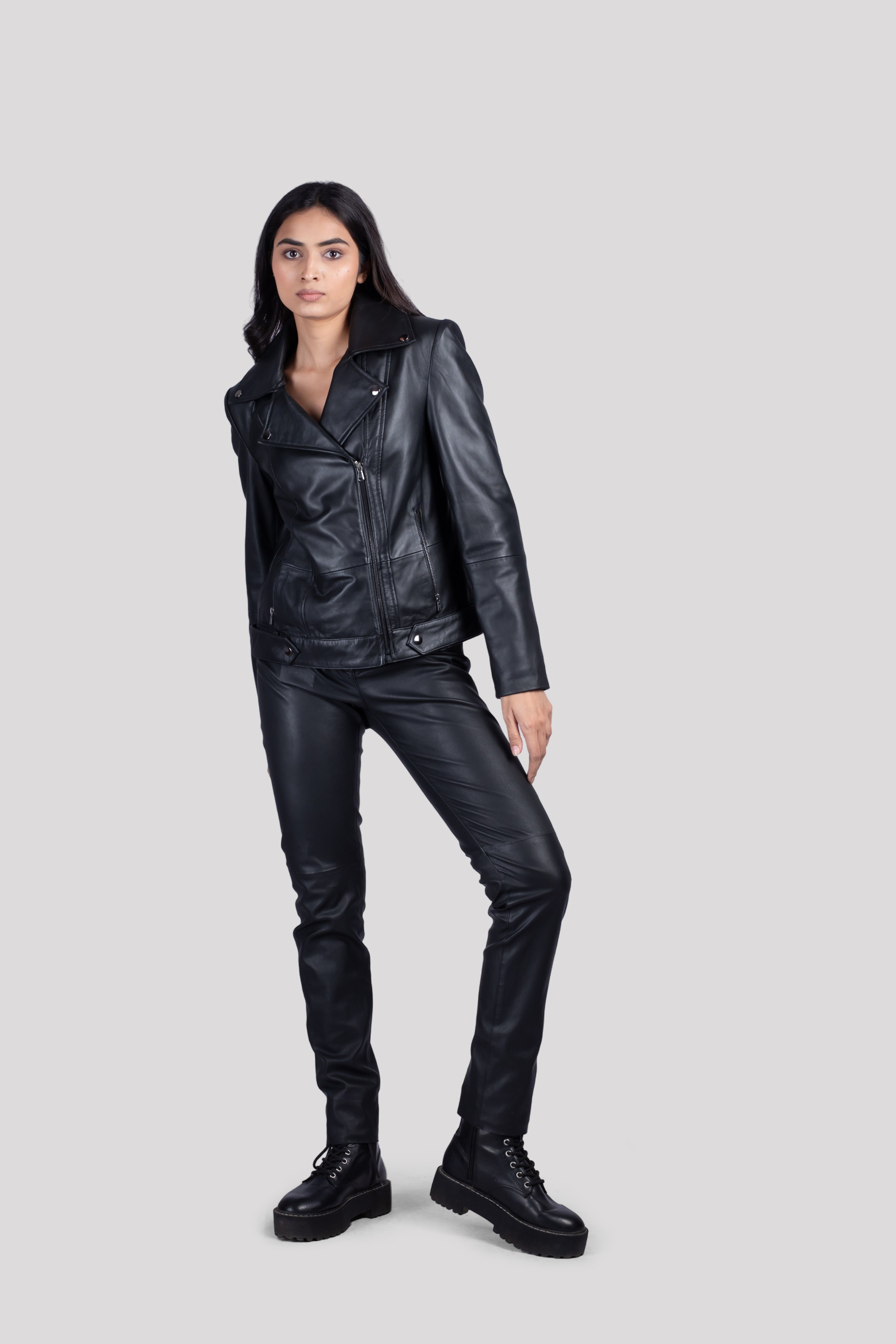 WOMEN LAPEL COLLAR SOLID LEATHER CASUAL JACKET