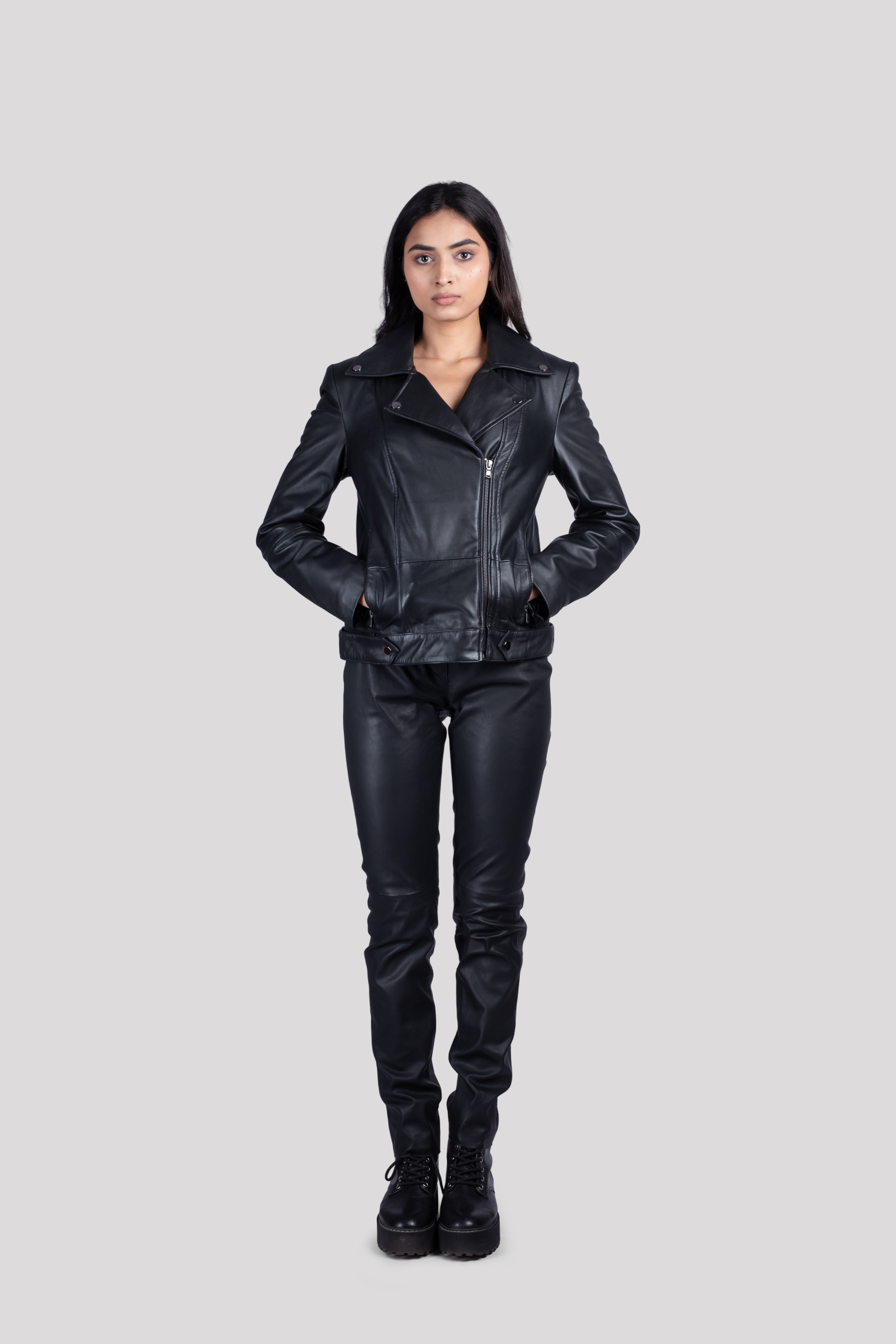 WOMEN LAPEL COLLAR SOLID LEATHER CASUAL JACKET