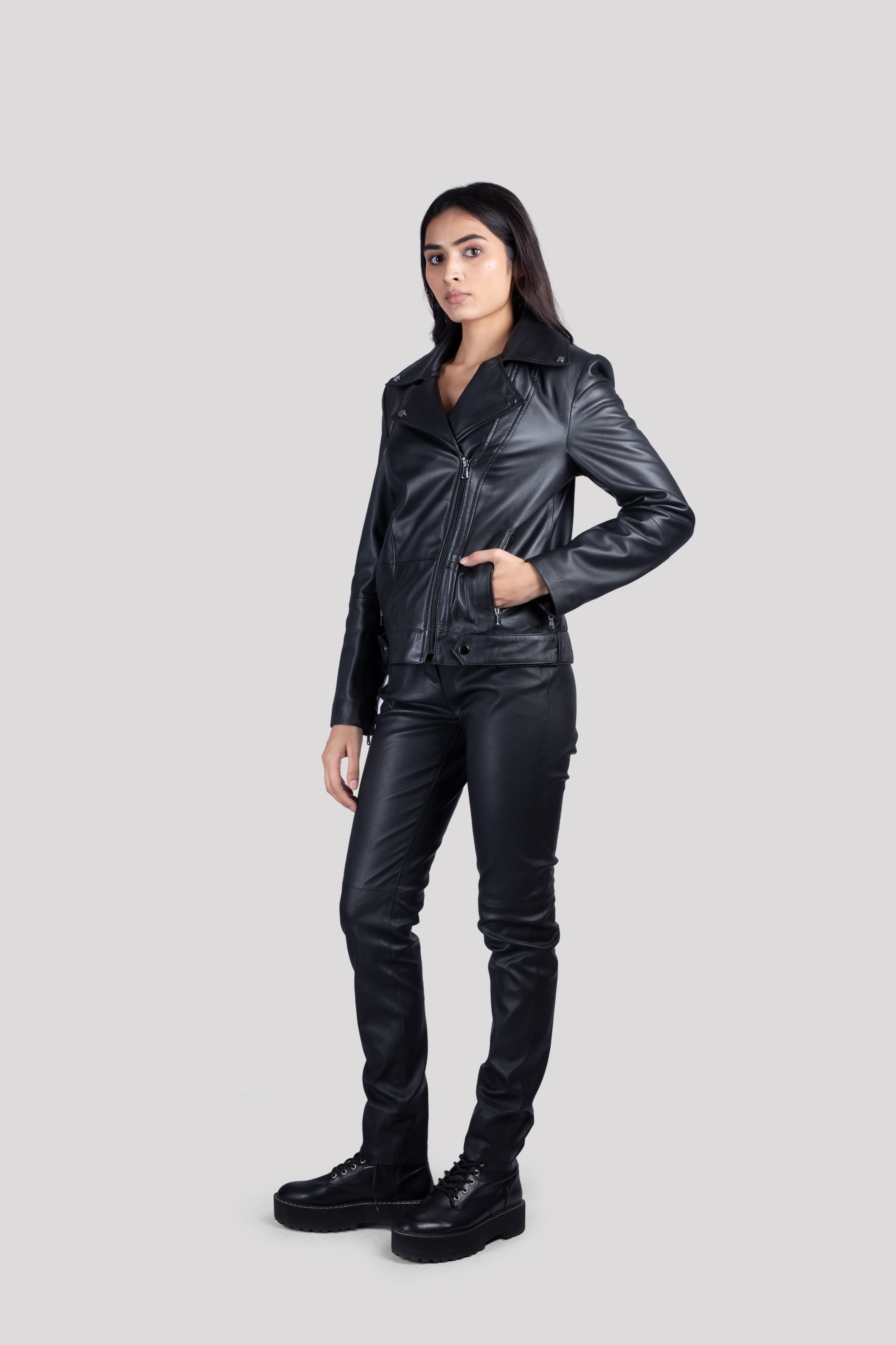 WOMEN LAPEL COLLAR SOLID LEATHER CASUAL JACKET