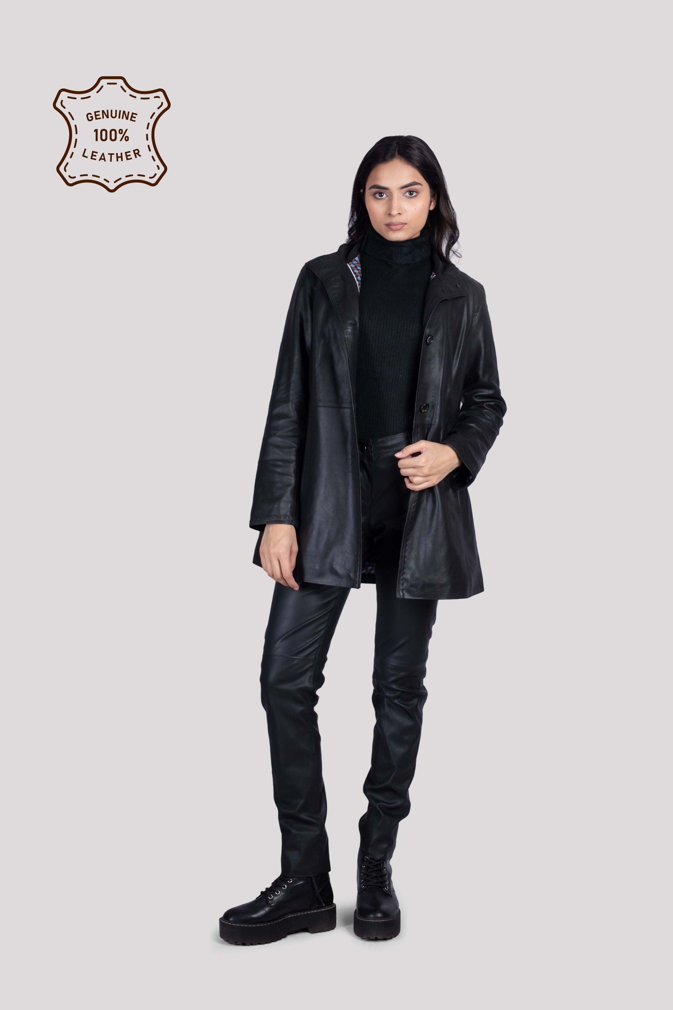 LADIES LEATHER LONG COAT WITH HAND STITCH ON LEATHER