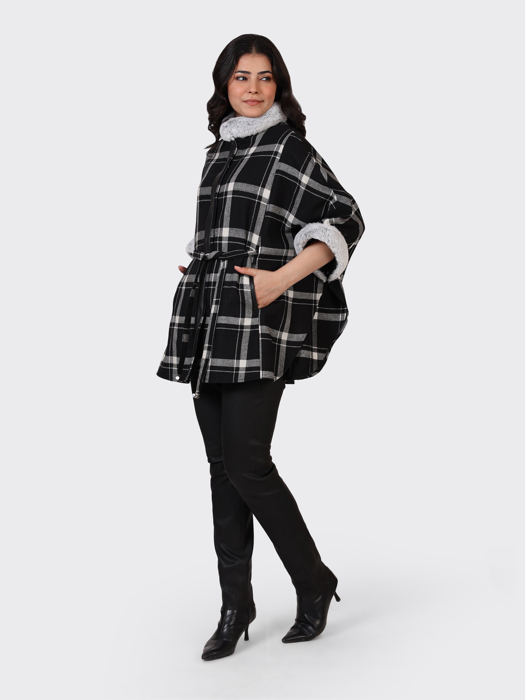 LADIES CAPE WOOLLEN JACKET-CHECK
