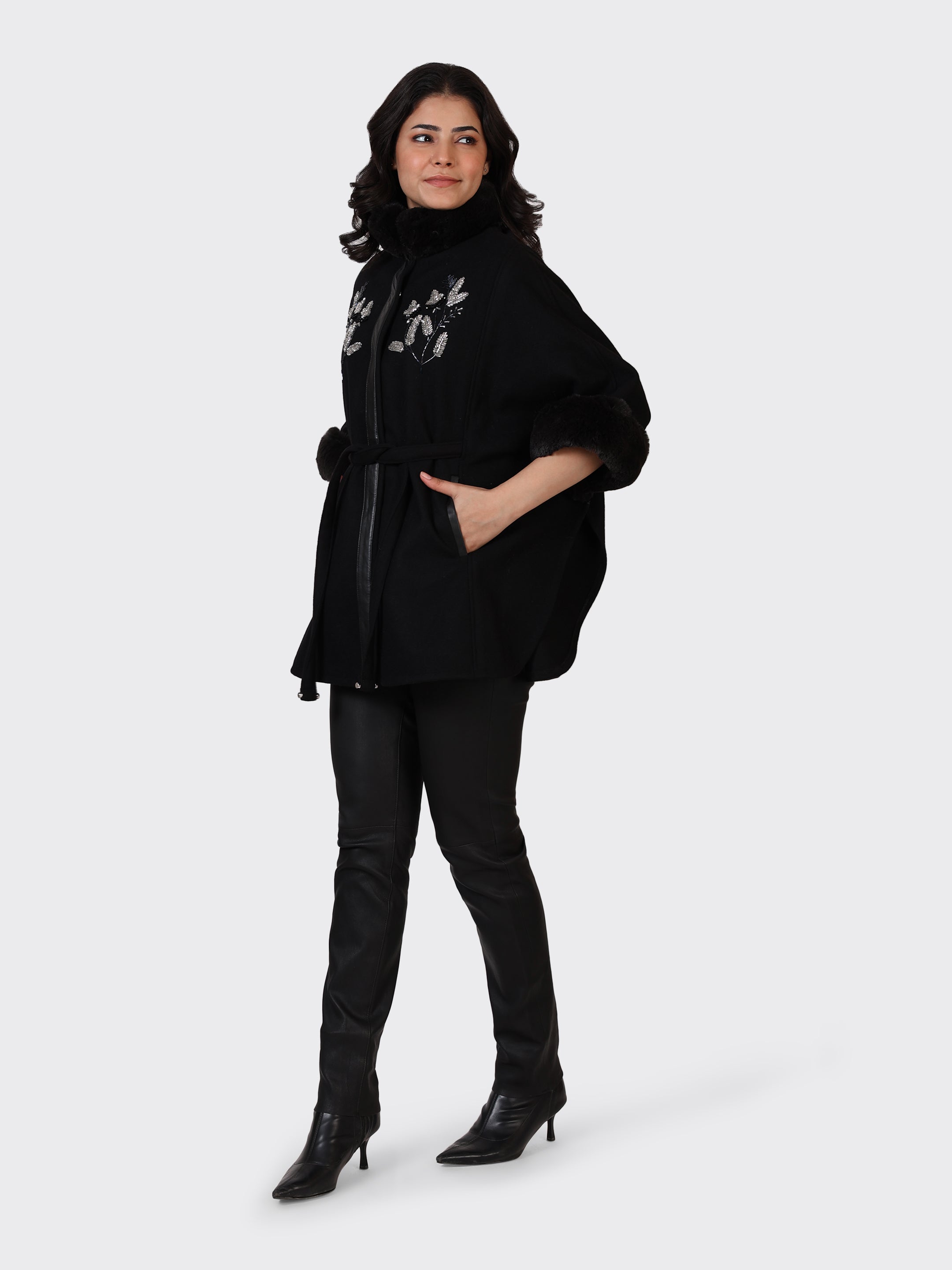LADIES CAPE WOOLLEN JACKET-EMB BLACK