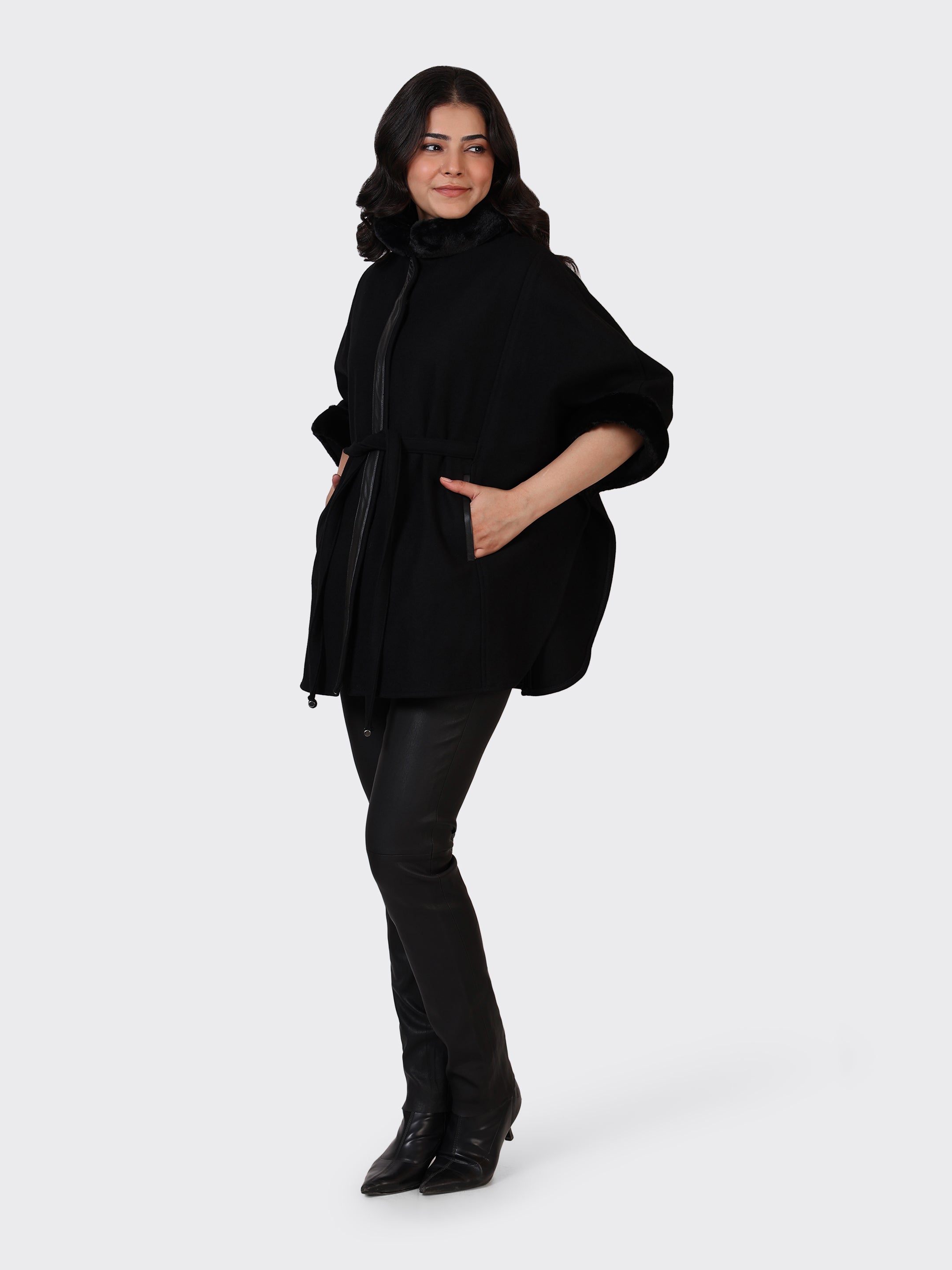 LADIES CAPE WOOLLEN JACKET-BLACK
