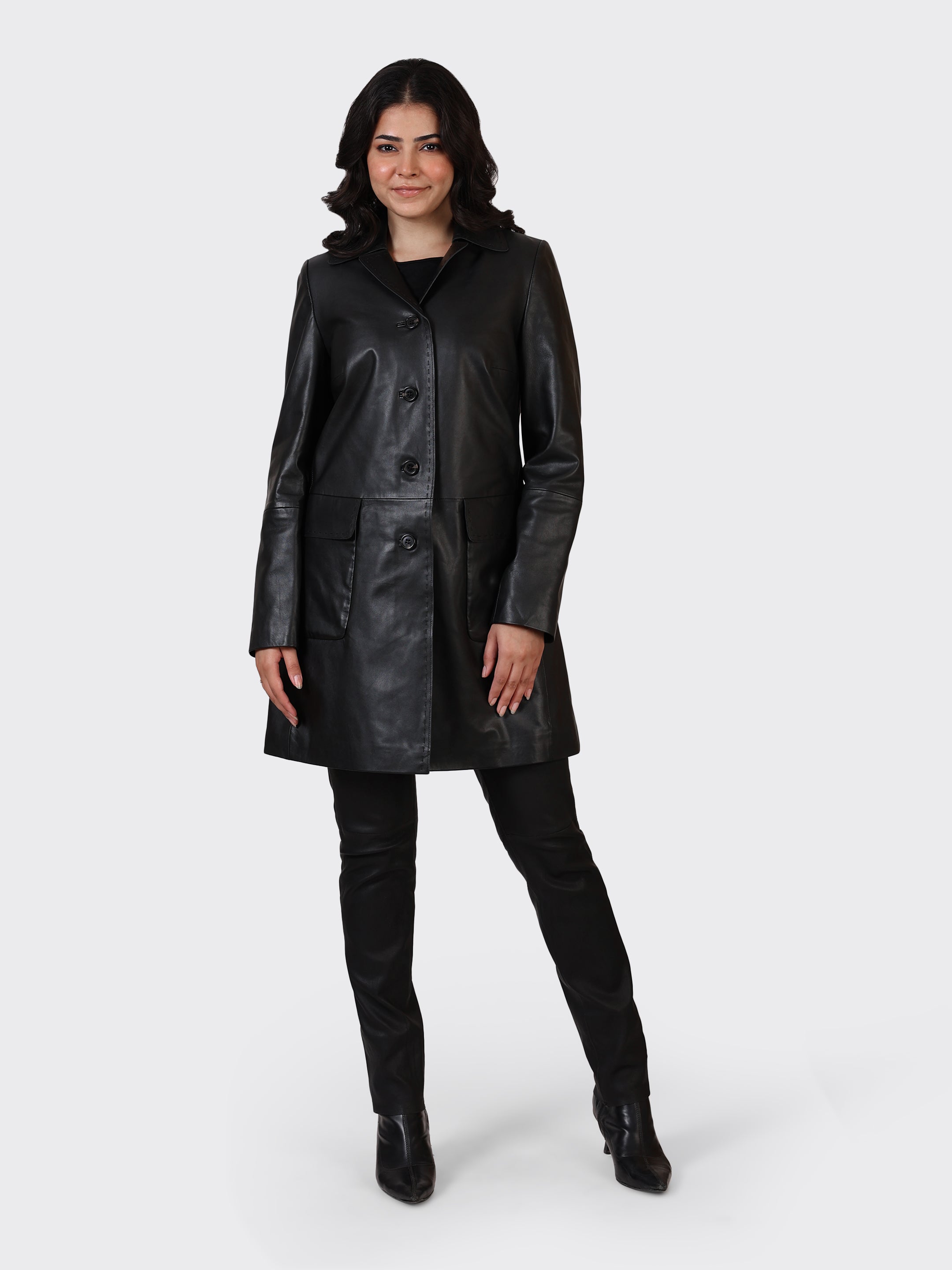 LADIES KNEE-LENGTH LEATHER JACKET-BLACK