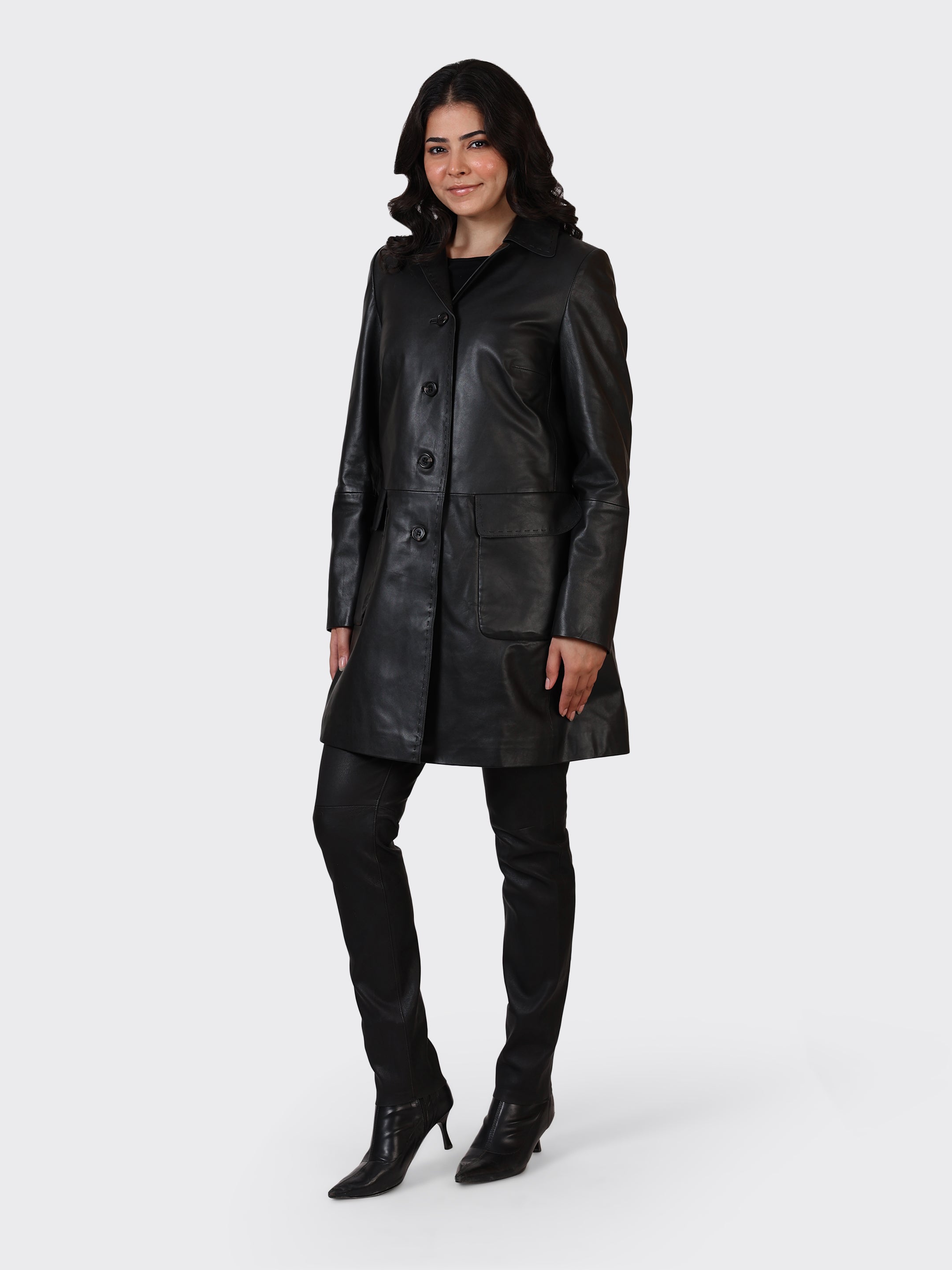 LADIES KNEE-LENGTH LEATHER JACKET-BLACK