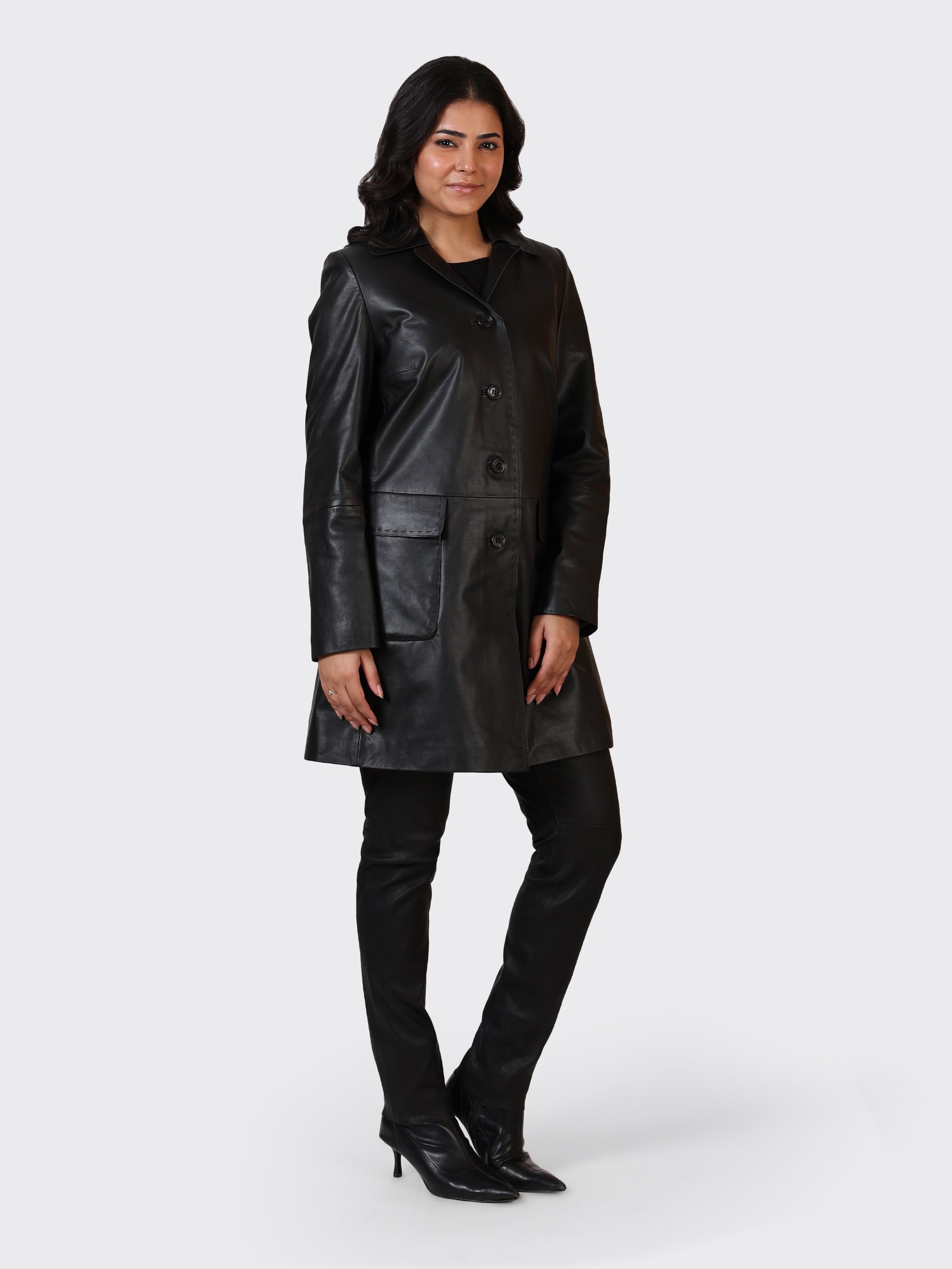 LADIES KNEE-LENGTH LEATHER JACKET-BLACK