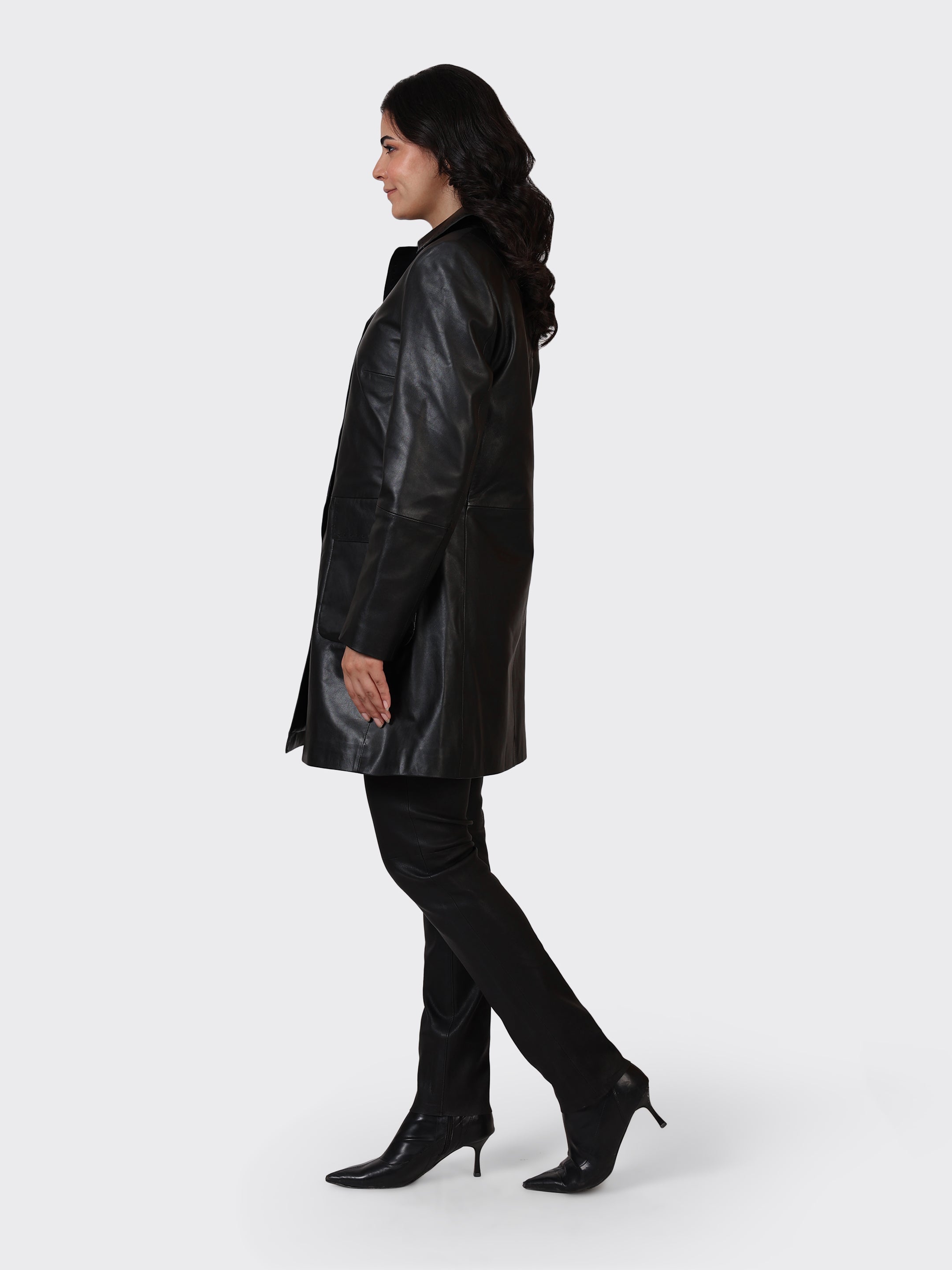 LADIES KNEE-LENGTH LEATHER JACKET-BLACK