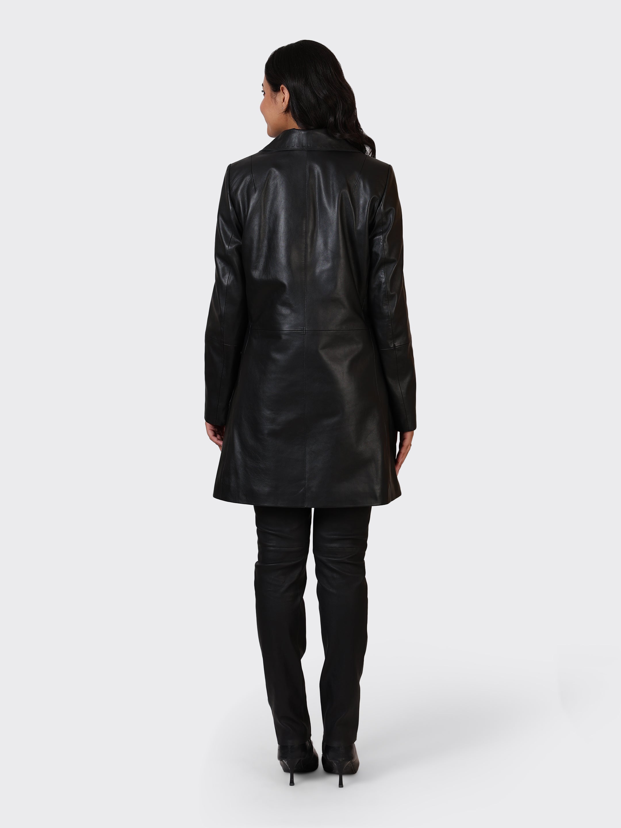 LADIES KNEE-LENGTH LEATHER JACKET-BLACK