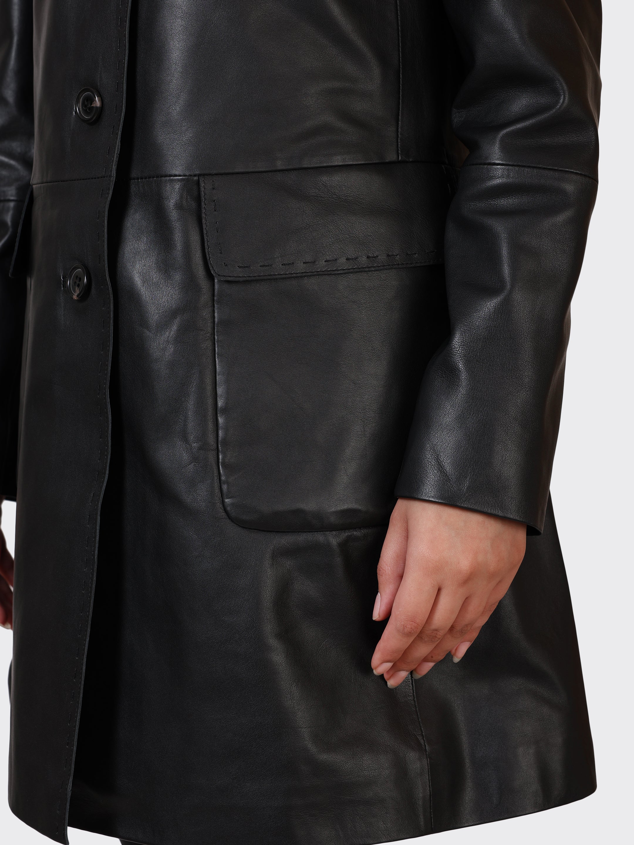 LADIES KNEE-LENGTH LEATHER JACKET-BLACK