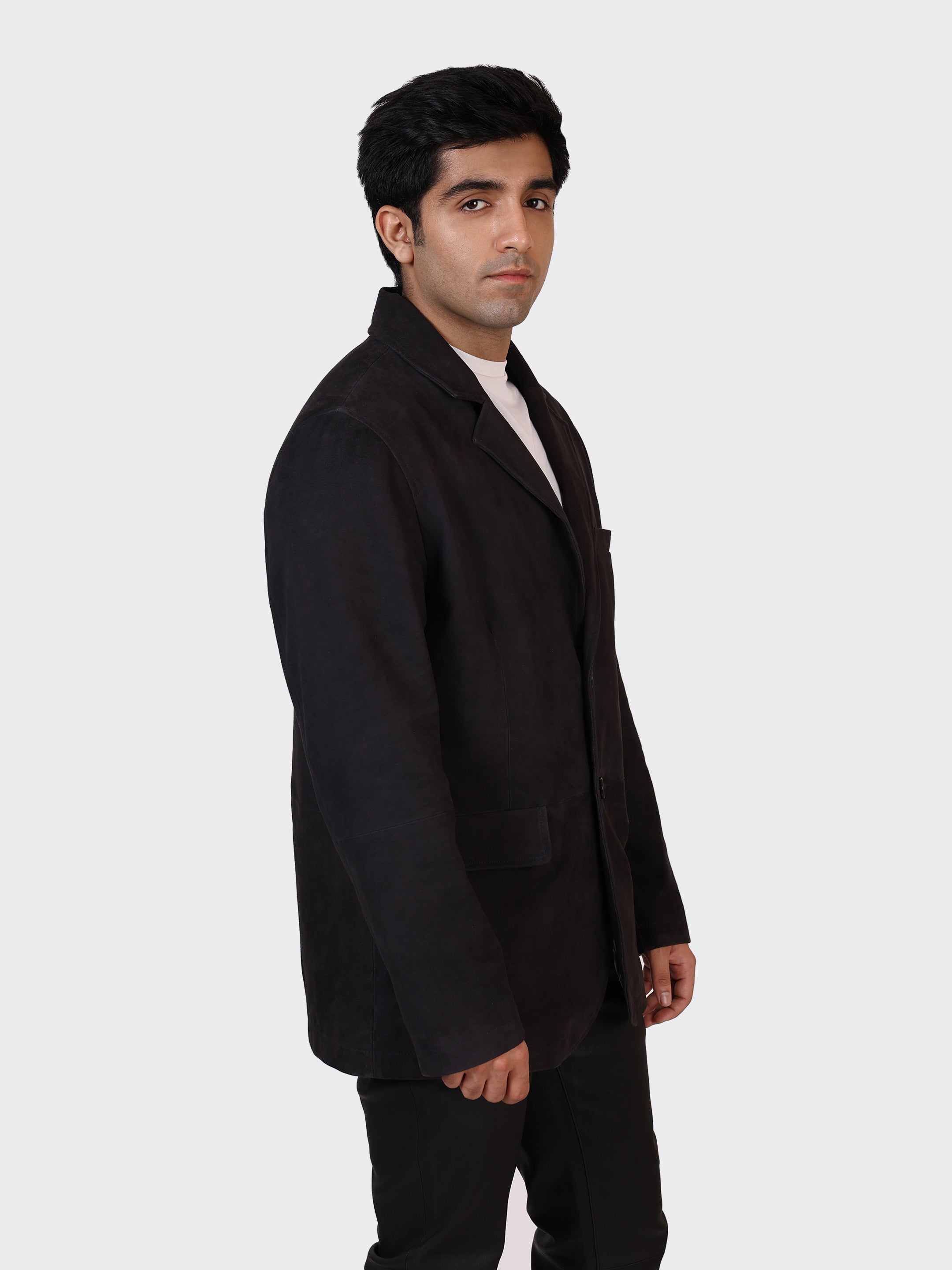 MENS BLAZER LEATHER JACKET-NAVY