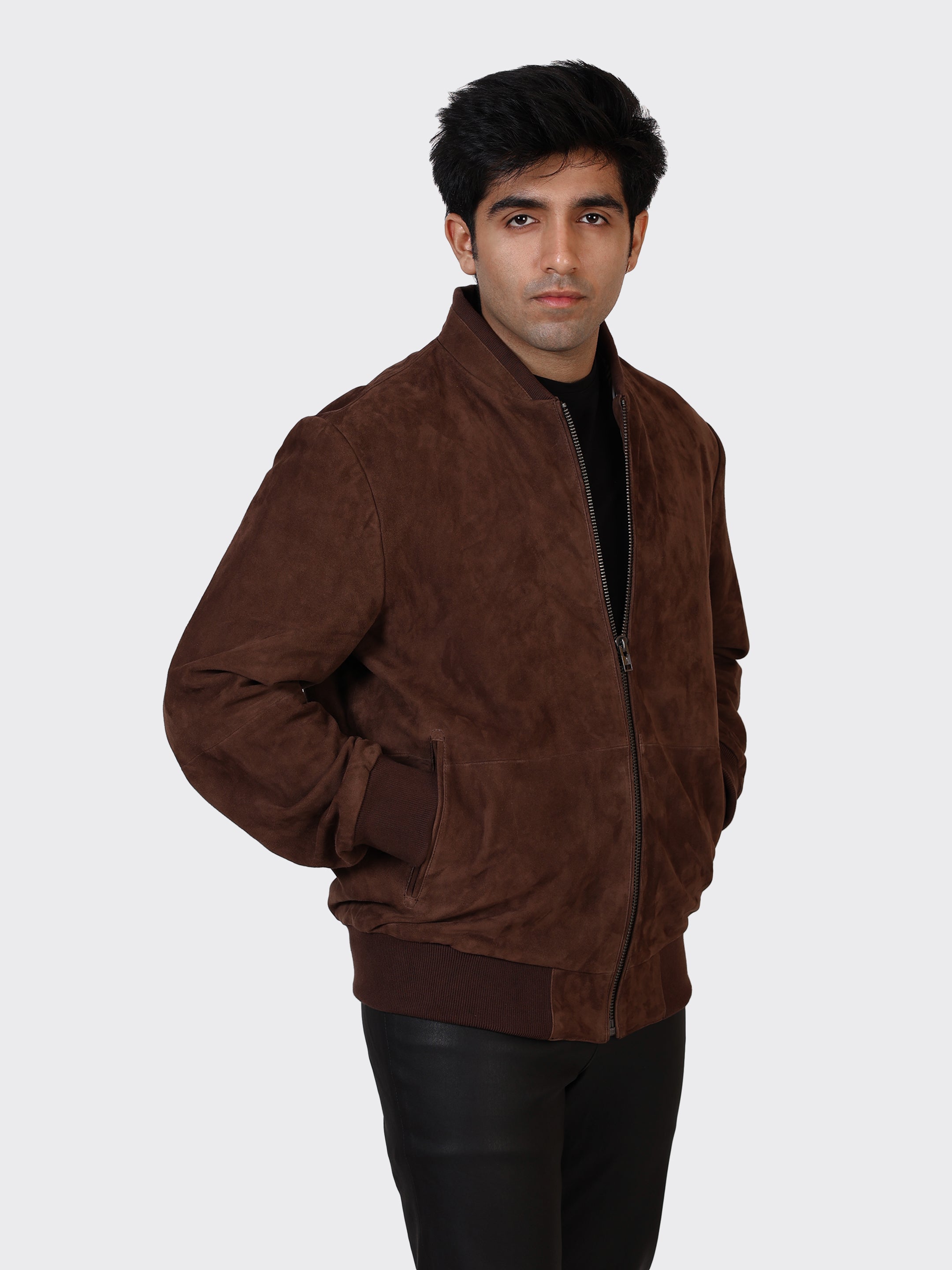 MENS COLLEGE SUEDE LEATHER JACKET-BROWN