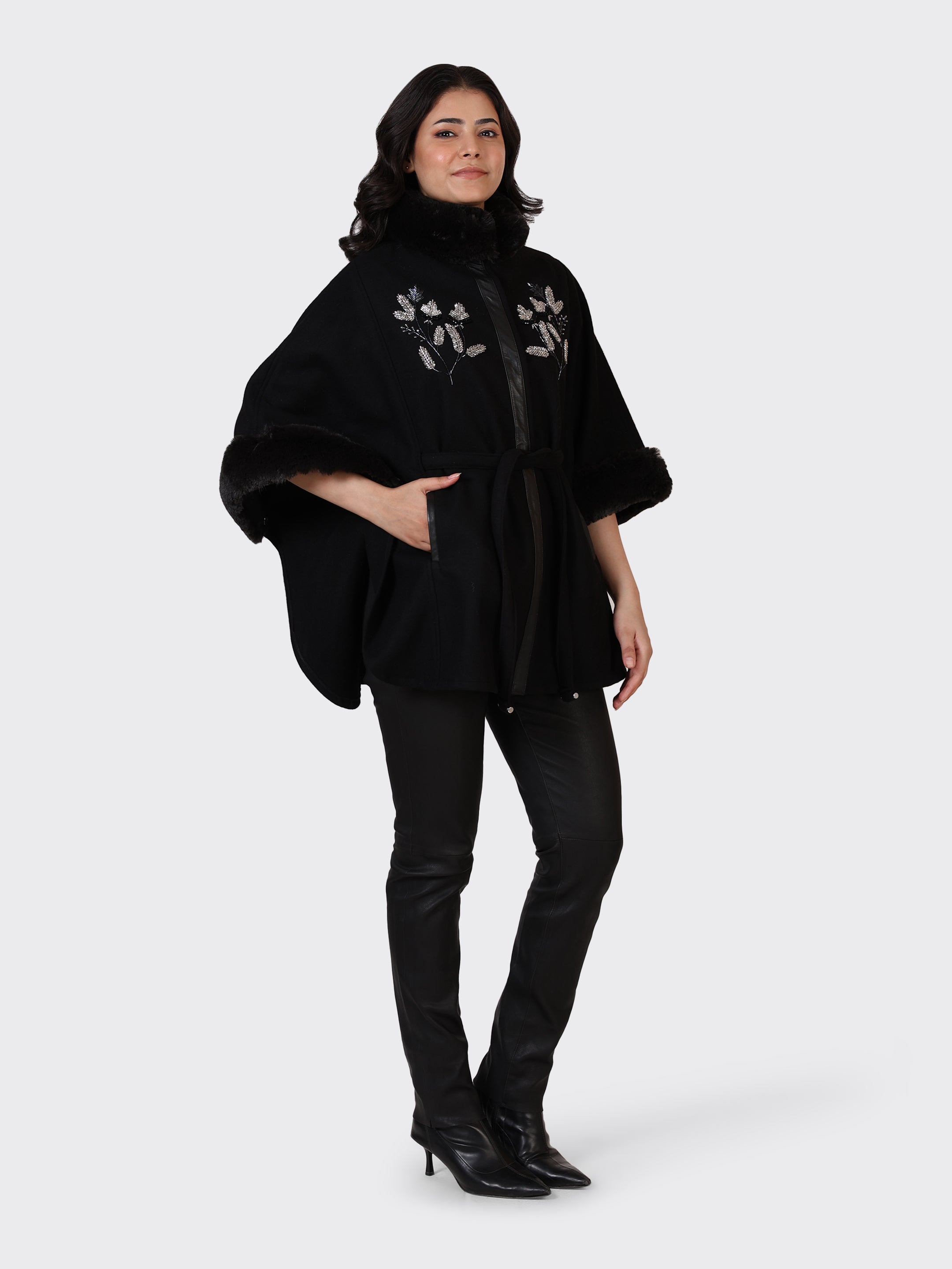 LADIES CAPE WOOLLEN JACKET-EMB BLACK