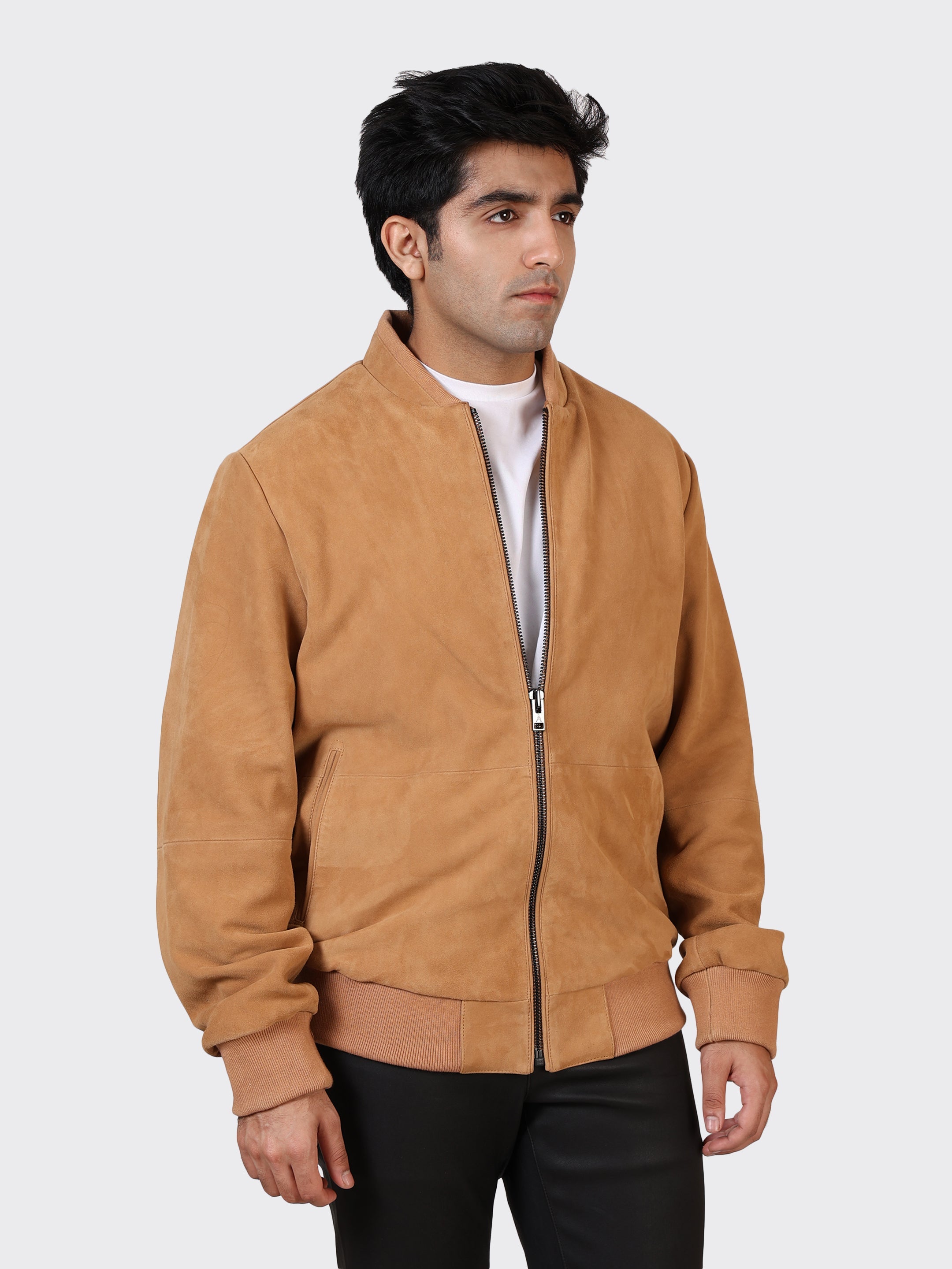 MENS COLLEGE SUEDE LEATHER JACKET-SAND