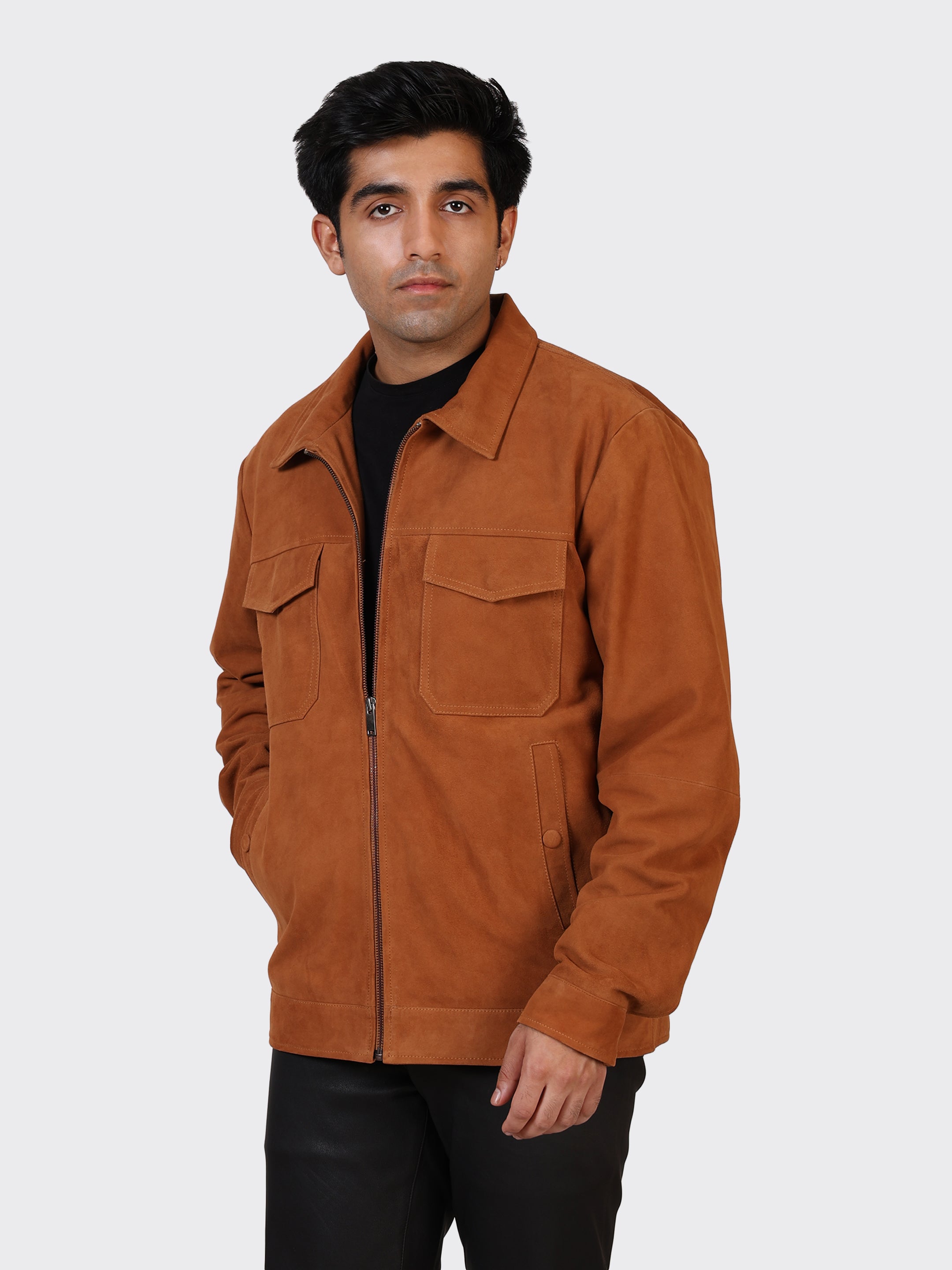 MENS SUEDE LEATHER JACKET-COGNAC