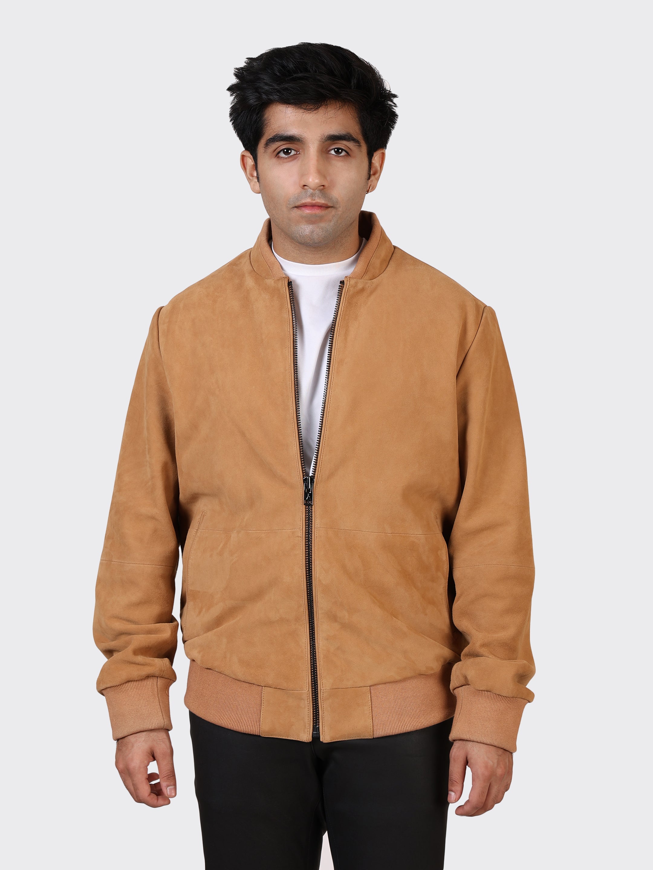 MENS COLLEGE SUEDE LEATHER JACKET-SAND