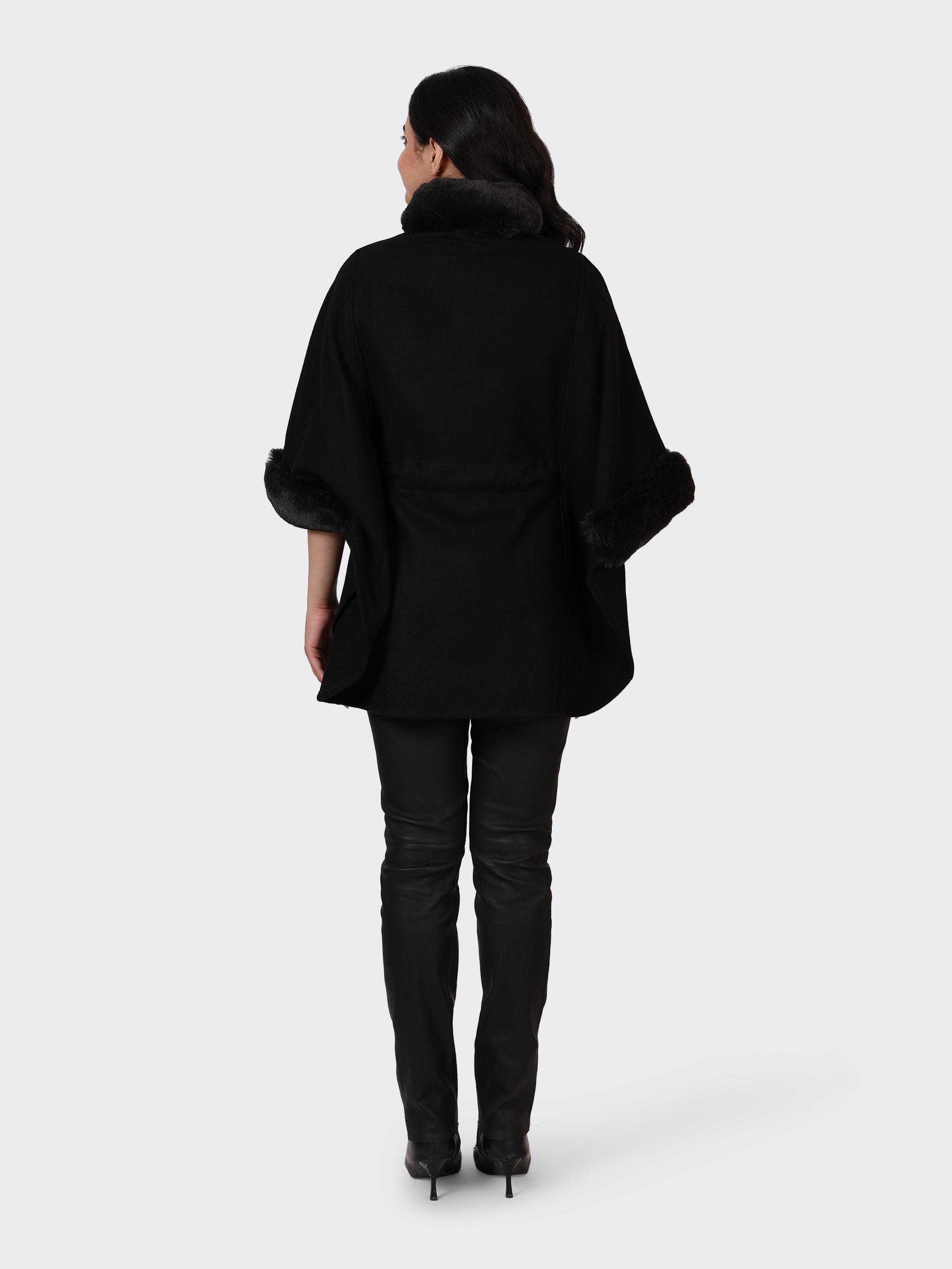 LADIES CAPE WOOLLEN JACKET-EMB BLACK