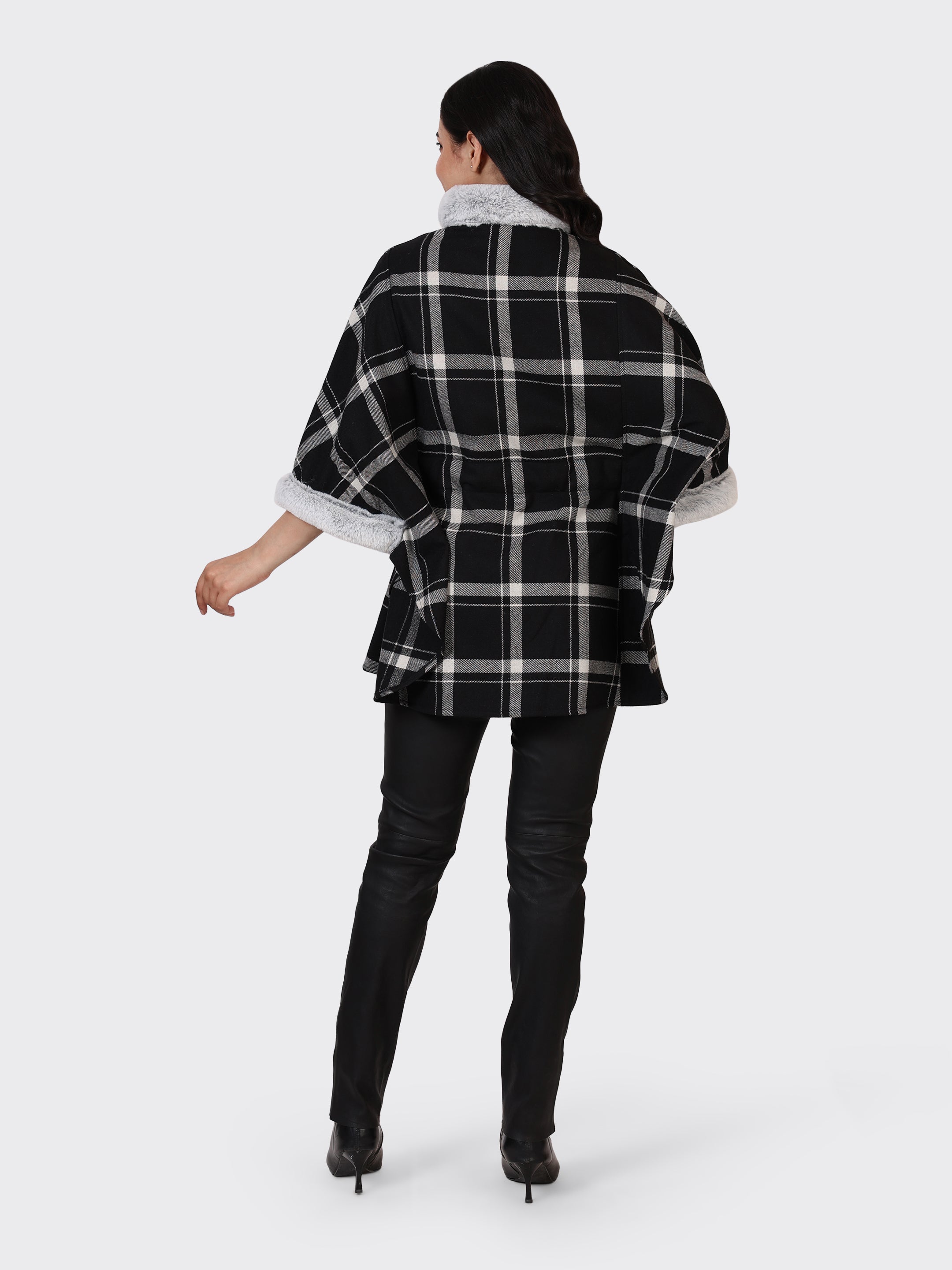 LADIES CAPE WOOLLEN JACKET-CHECK