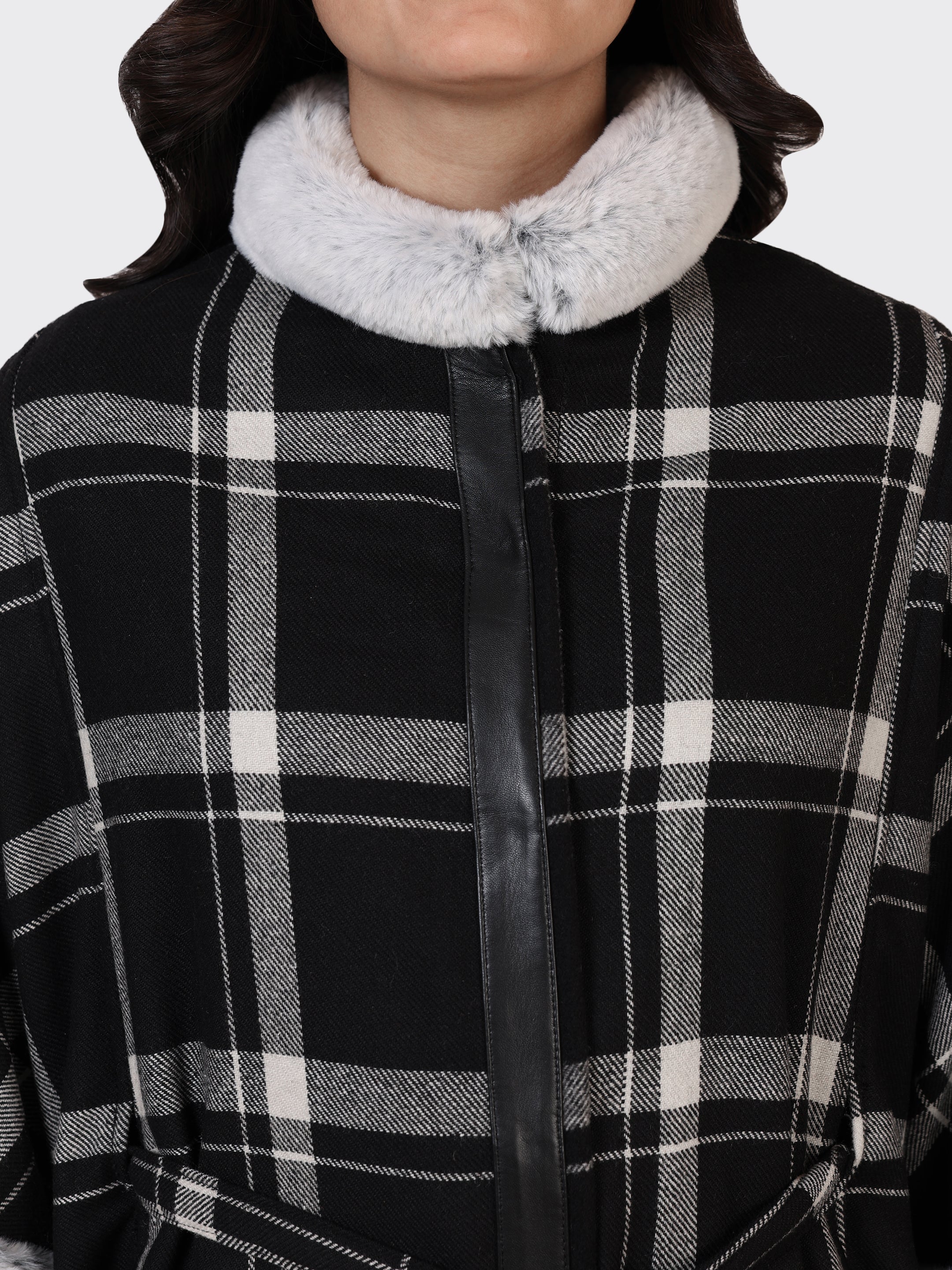 LADIES CAPE WOOLLEN JACKET-CHECK