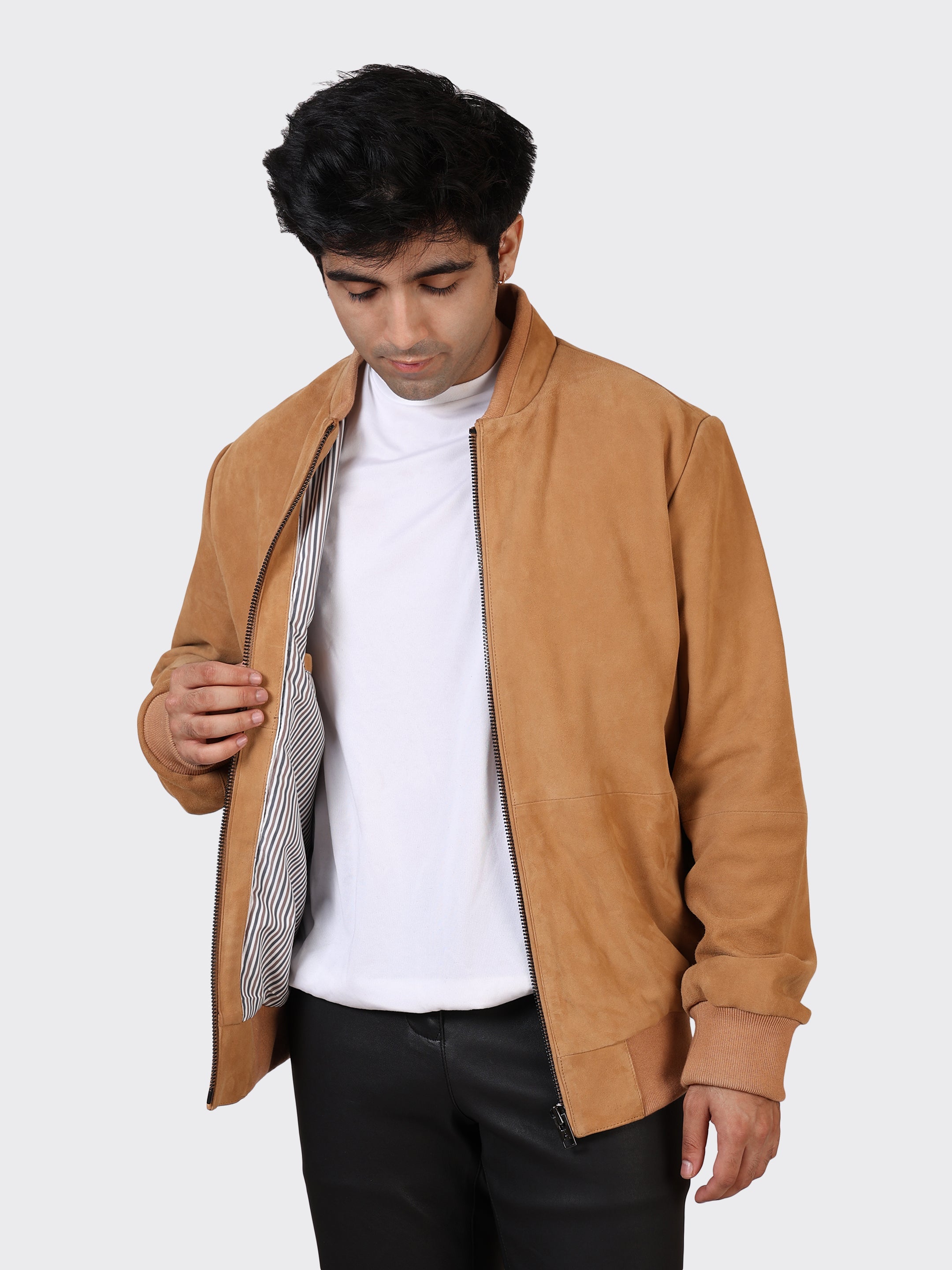 MENS COLLEGE SUEDE LEATHER JACKET-SAND