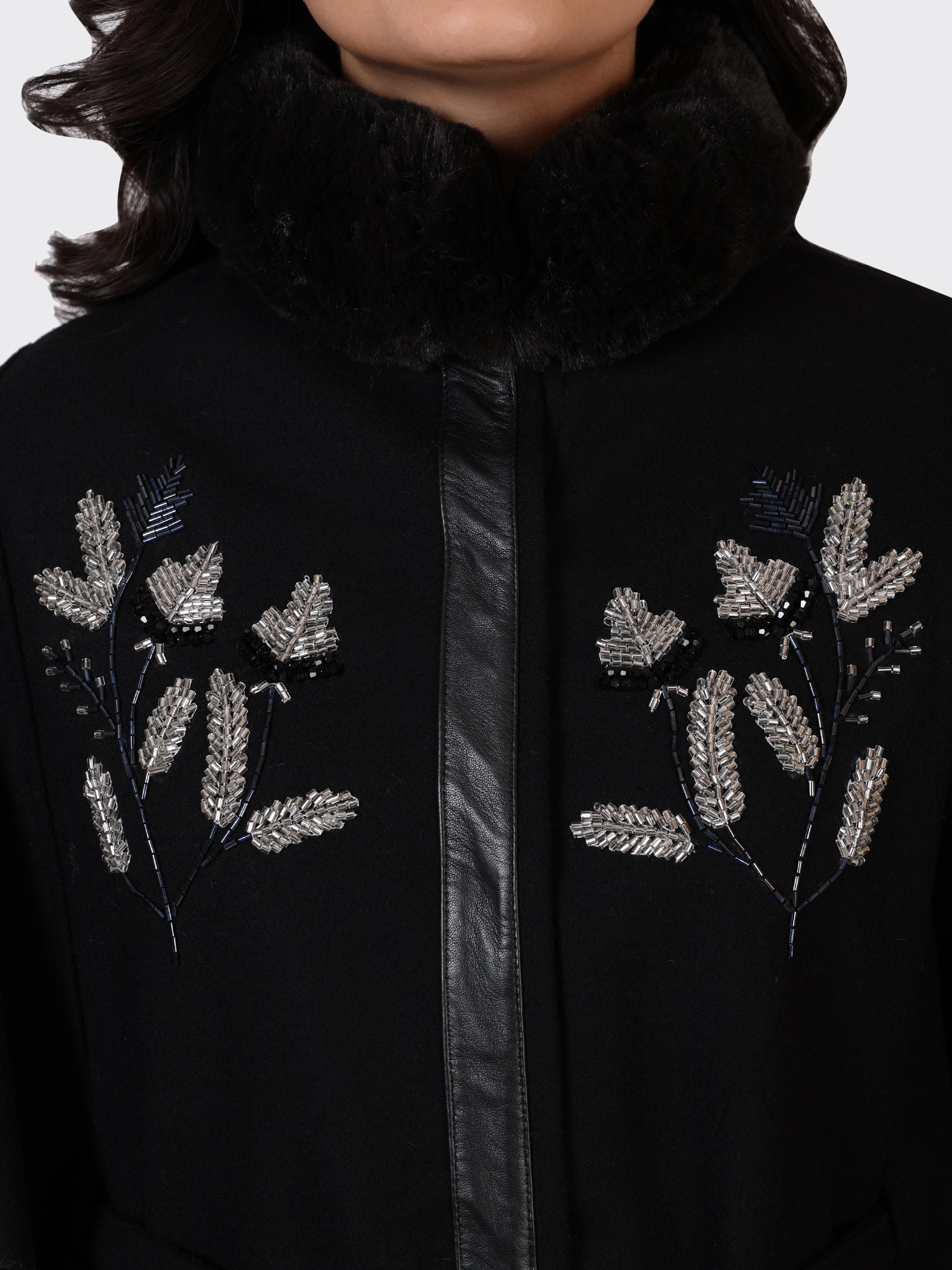 LADIES CAPE WOOLLEN JACKET-EMB BLACK