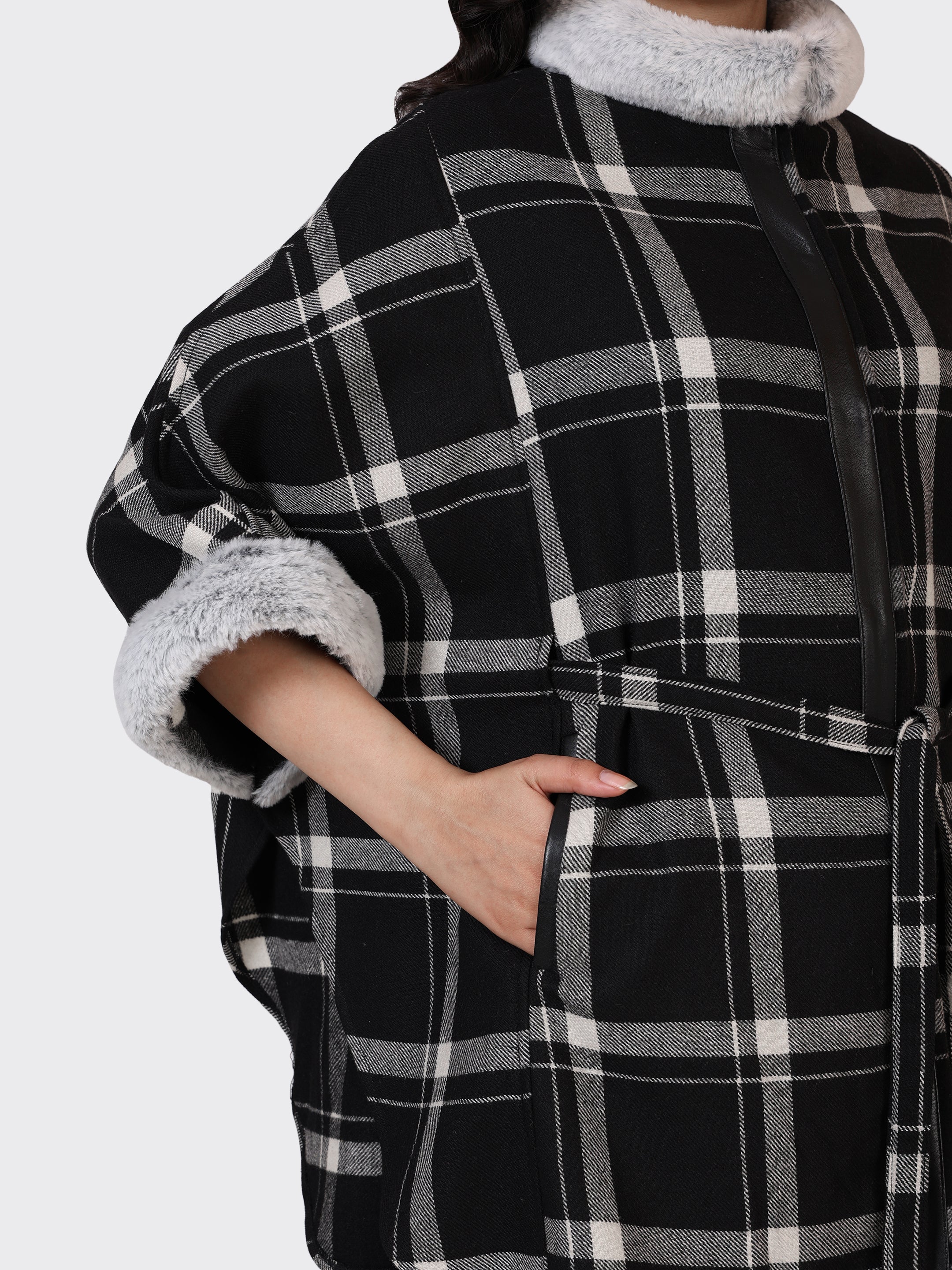 LADIES CAPE WOOLLEN JACKET-CHECK