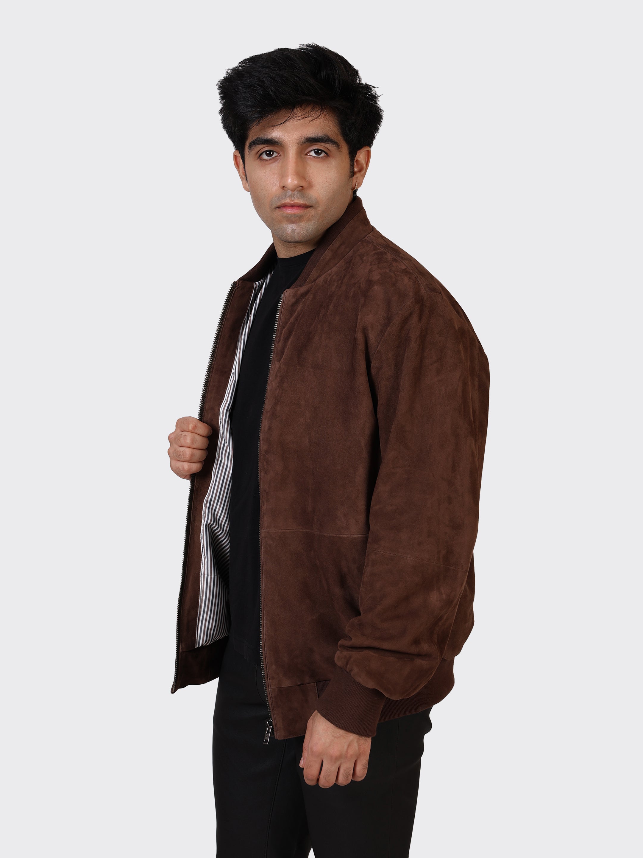 MENS COLLEGE SUEDE LEATHER JACKET-BROWN