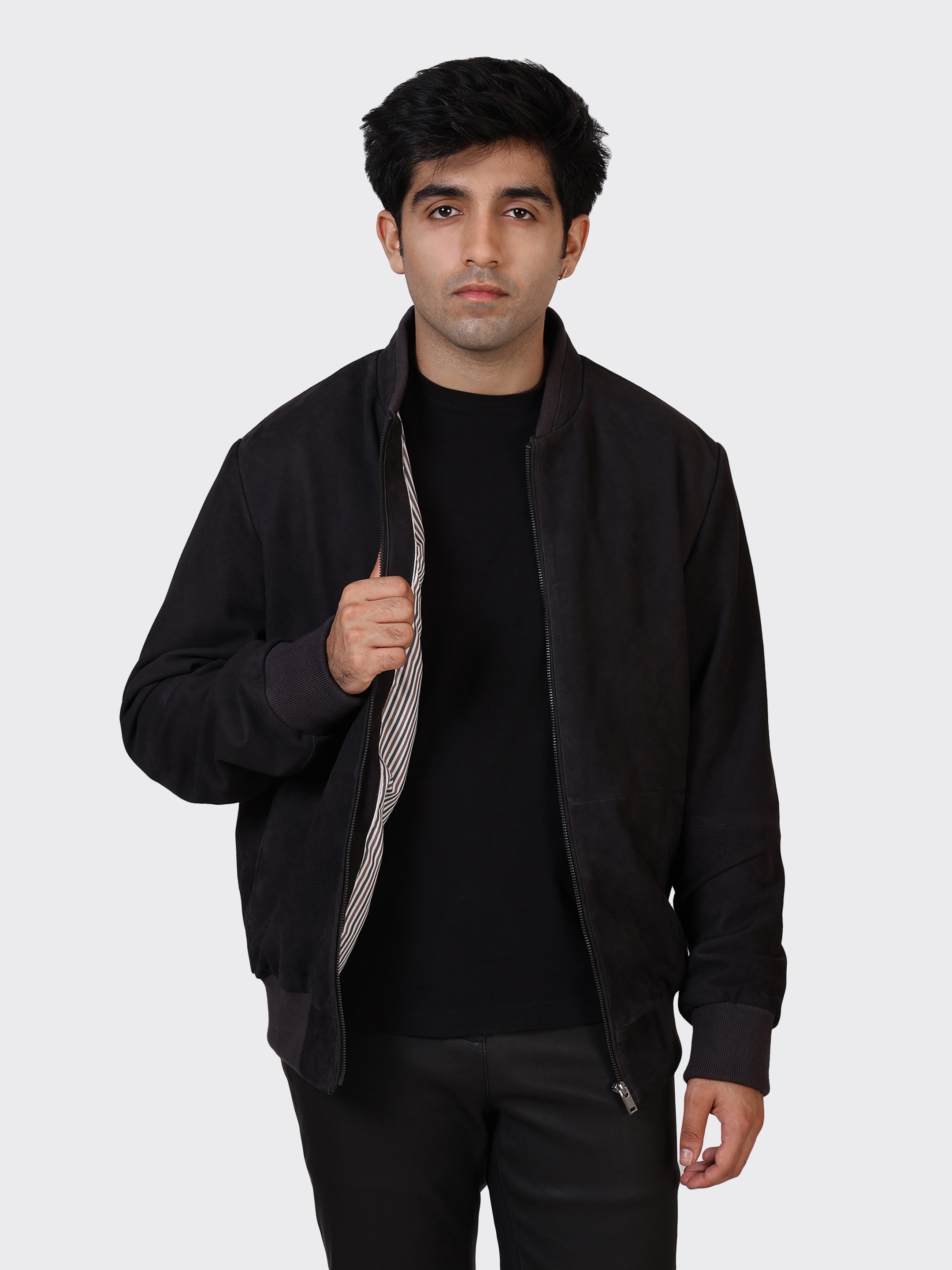 MENS COLLEGE SUEDE LEATHER JACKET-NAVY