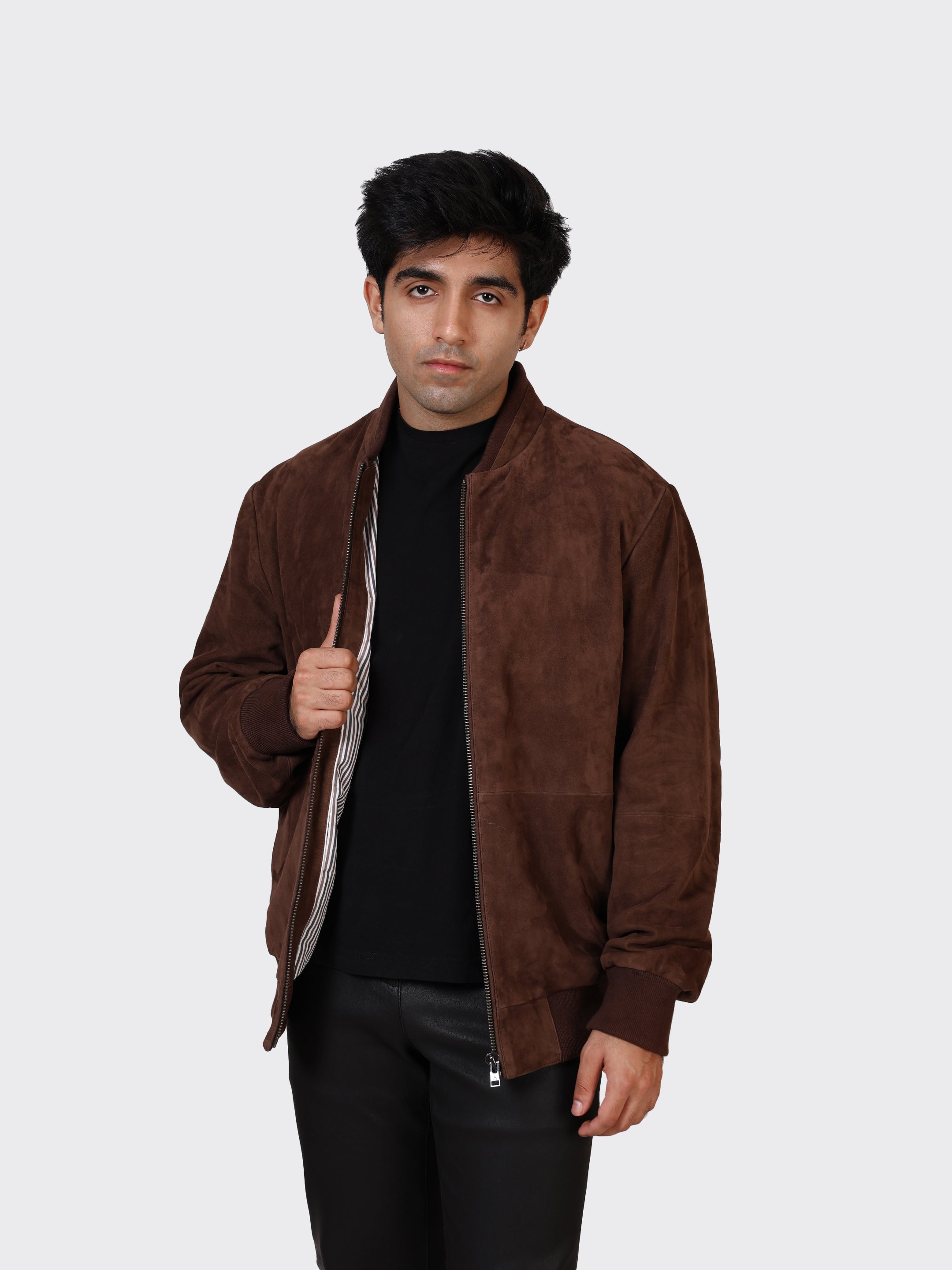 MENS COLLEGE SUEDE LEATHER JACKET-BROWN
