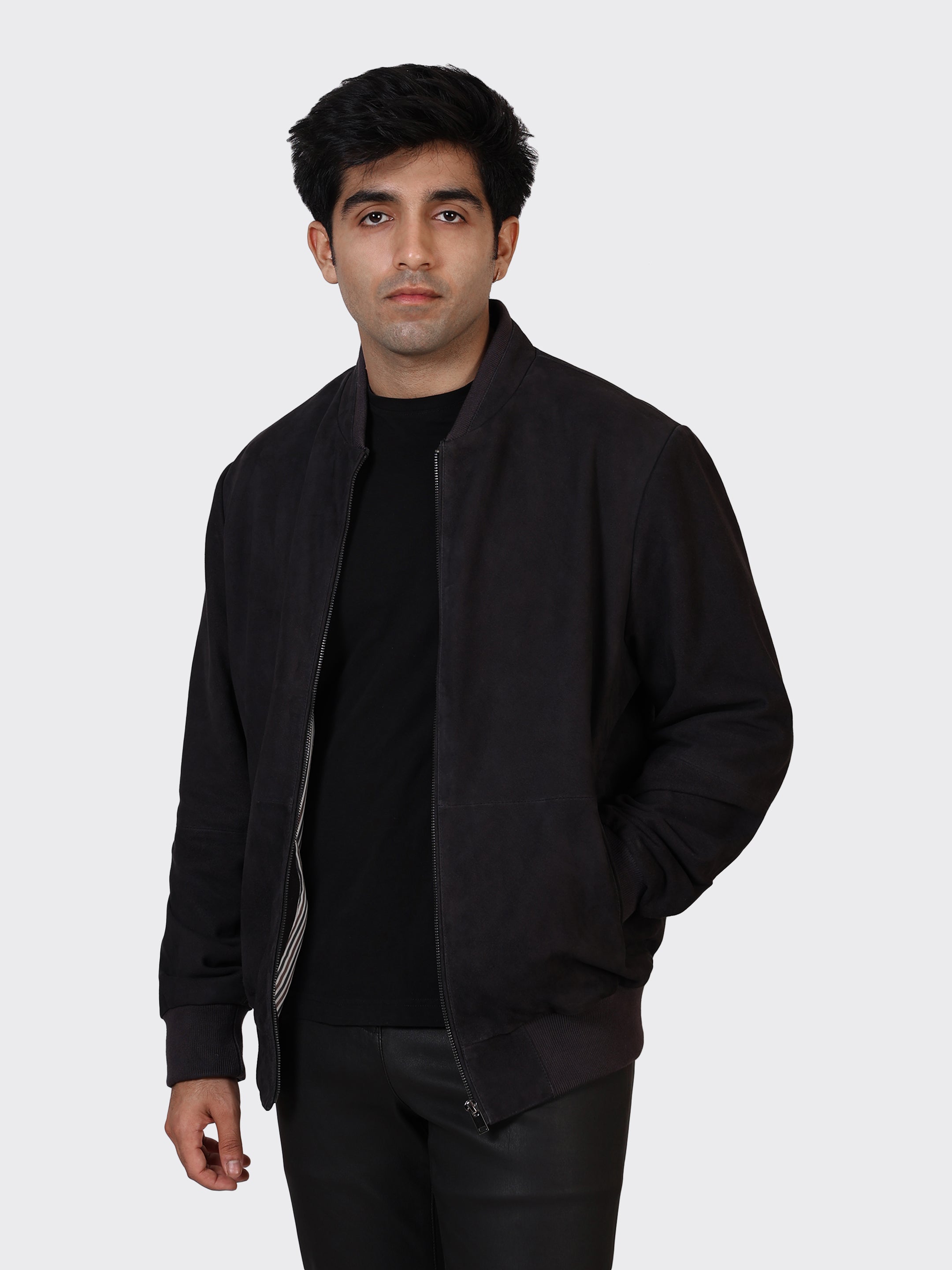 MENS COLLEGE SUEDE LEATHER JACKET-NAVY