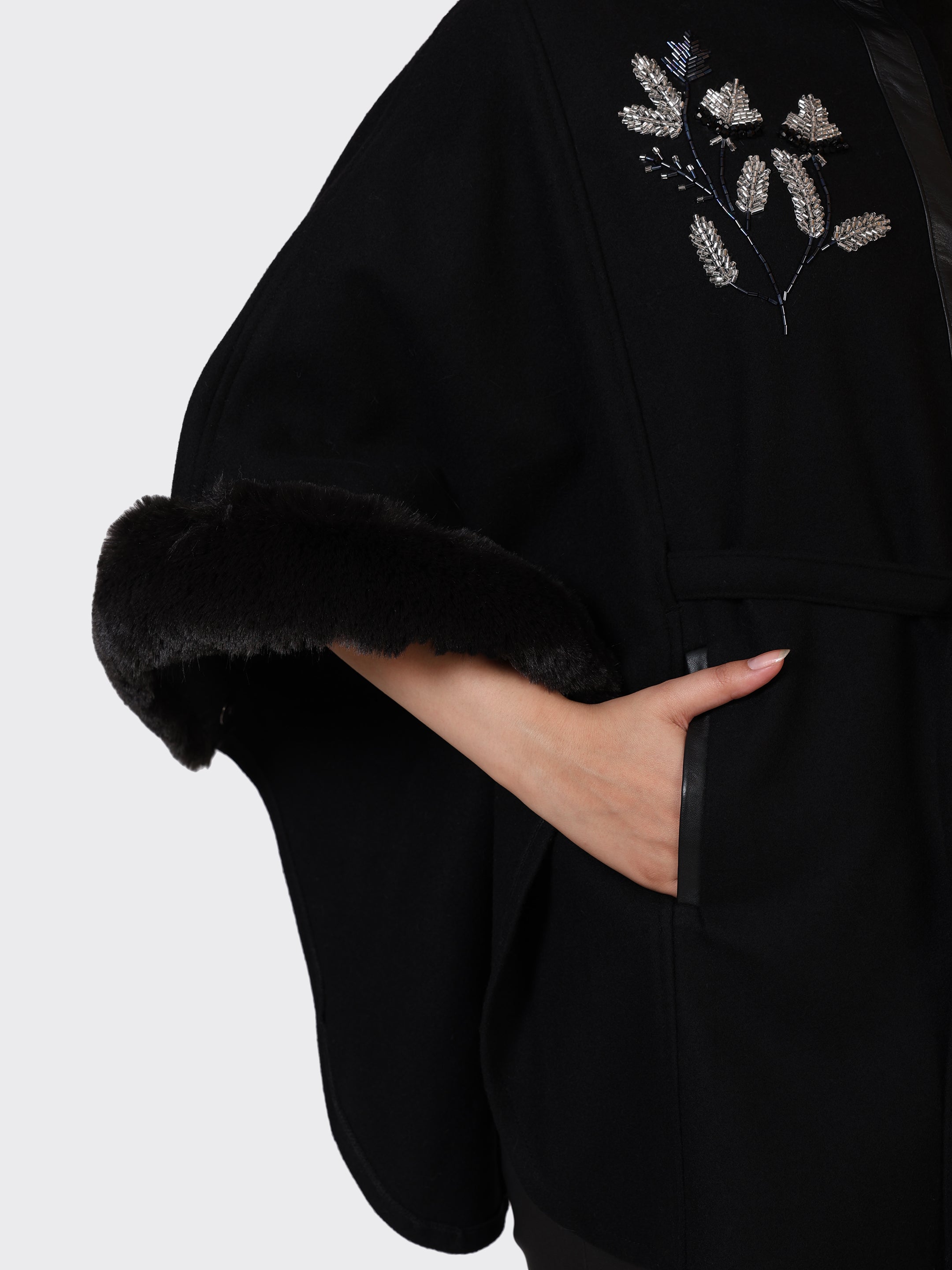 LADIES CAPE WOOLLEN JACKET-EMB BLACK