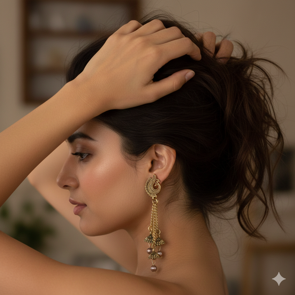 Gold-Toned Antique Peacock Jhumka Earrings with Pearl Droplets & Triple Layered Chains