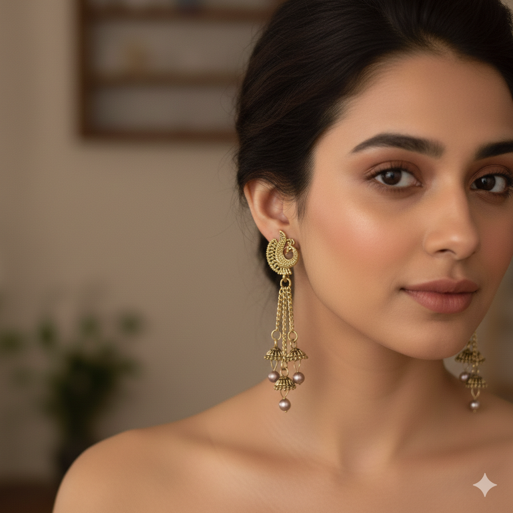 Gold-Toned Antique Peacock Jhumka Earrings with Pearl Droplets & Triple Layered Chains