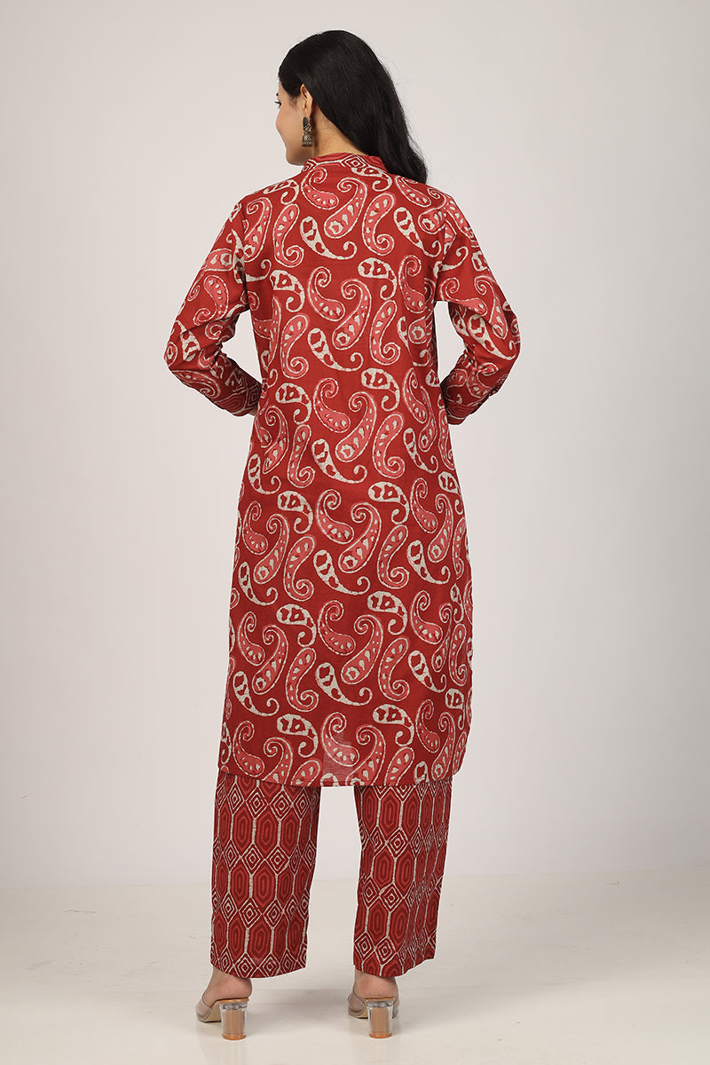100% Cotton Floral Pattern Kurta Pyjama Set Red