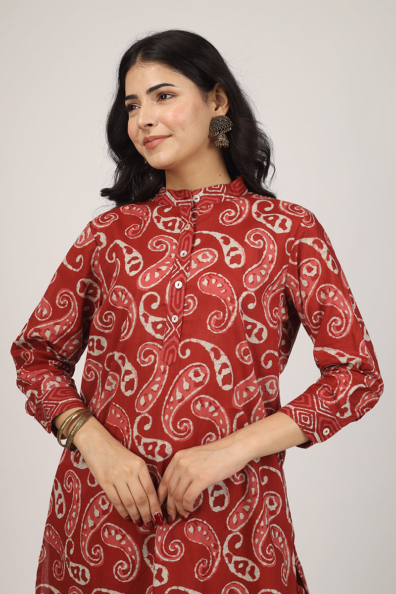100% Cotton Floral Pattern Kurta Pyjama Set Red