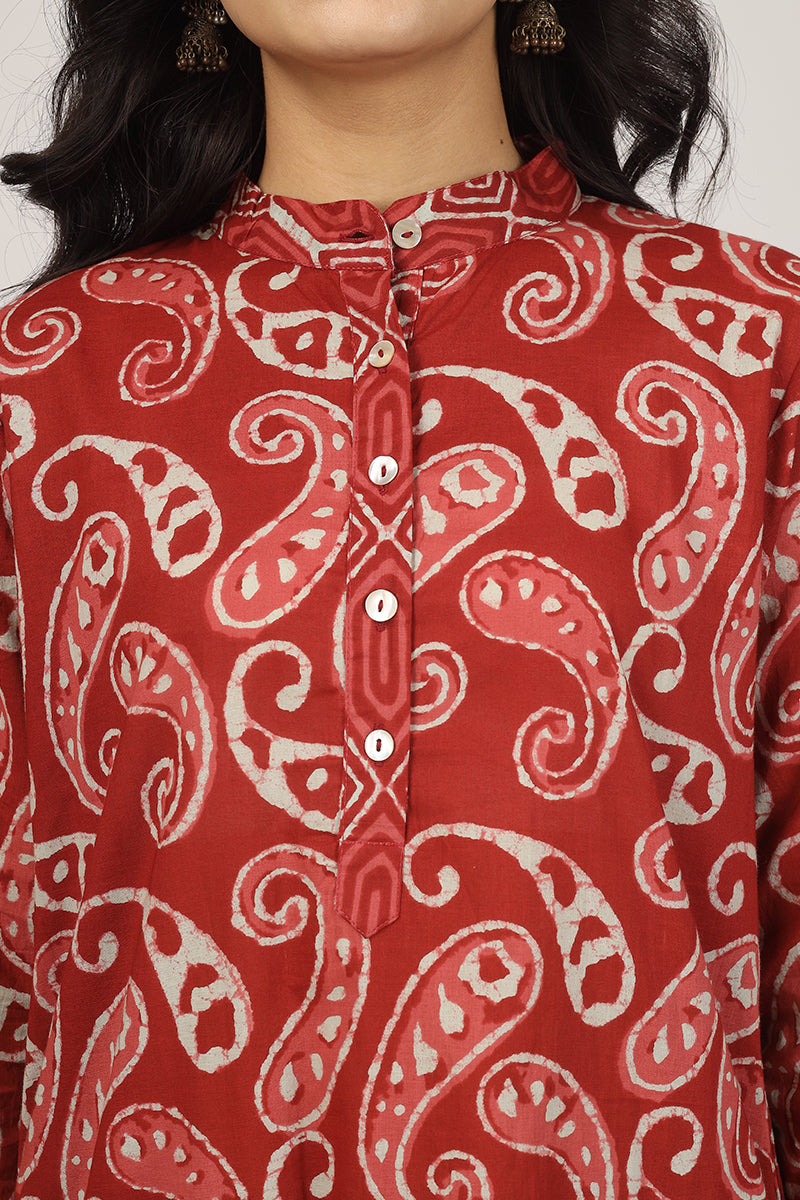 100% Cotton Floral Pattern Kurta Pyjama Set Red