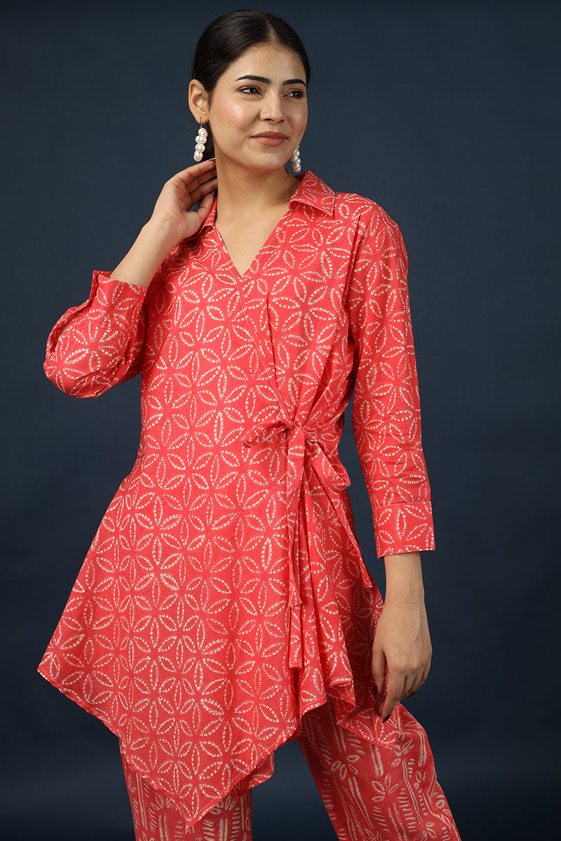 100% Cotton Muslin Floral Red Kurta Pyjama Set