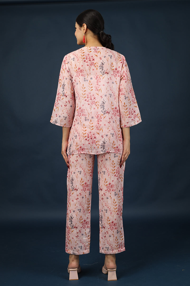 Pink Floral Top Pant 100% Linen