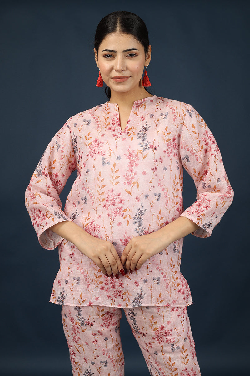 Pink Floral Top Pant 100% Linen