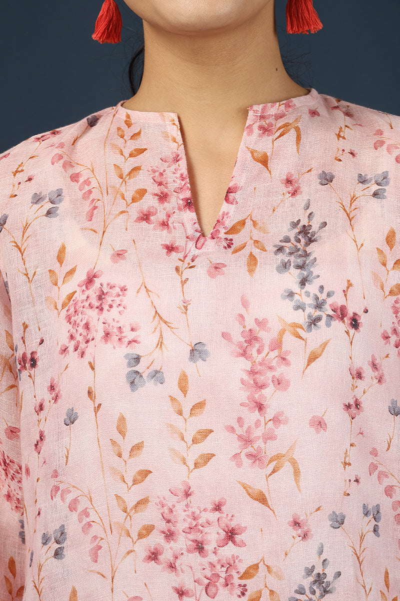Pink Floral Top Pant 100% Linen