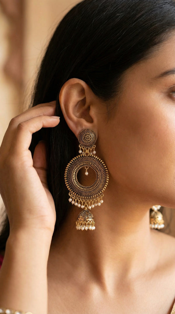 Antique Gold Circular Jhumka Earrings